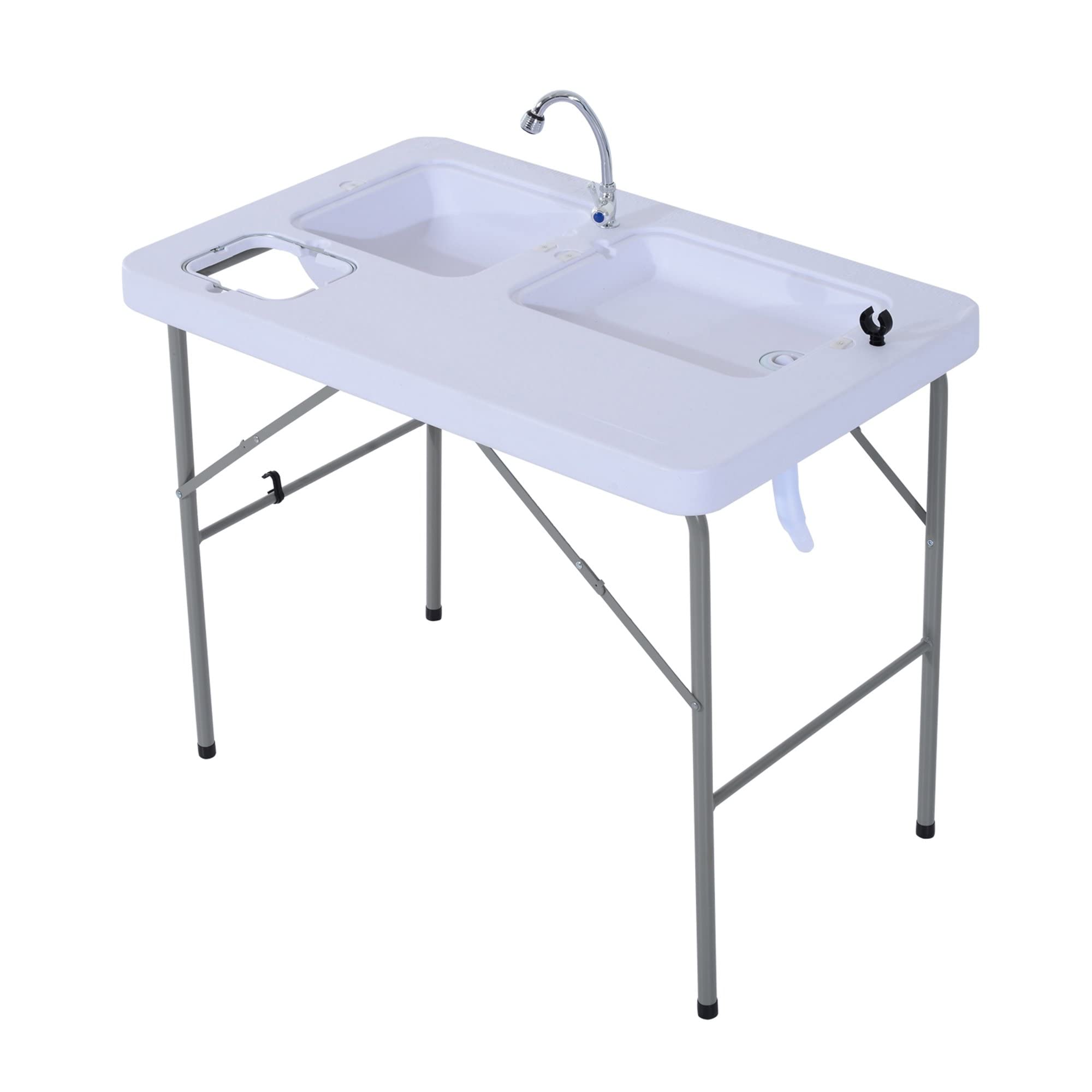 Foldable Camping Table with Removable Sink Covers - Portable Fish Cleaning Station, White Finish, Easy Assembly for Outdoor Cooking, Picnics & RV Trips