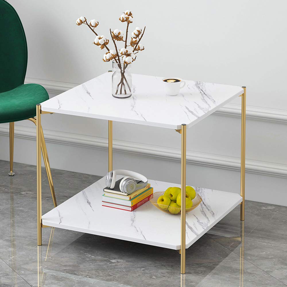 Modern Square Coffee Table with Two-Tier Marble Design - 4HOMART Stylish End Table for Living Room, Bedroom & Office - Perfect for Snacks, Books & Home Decor