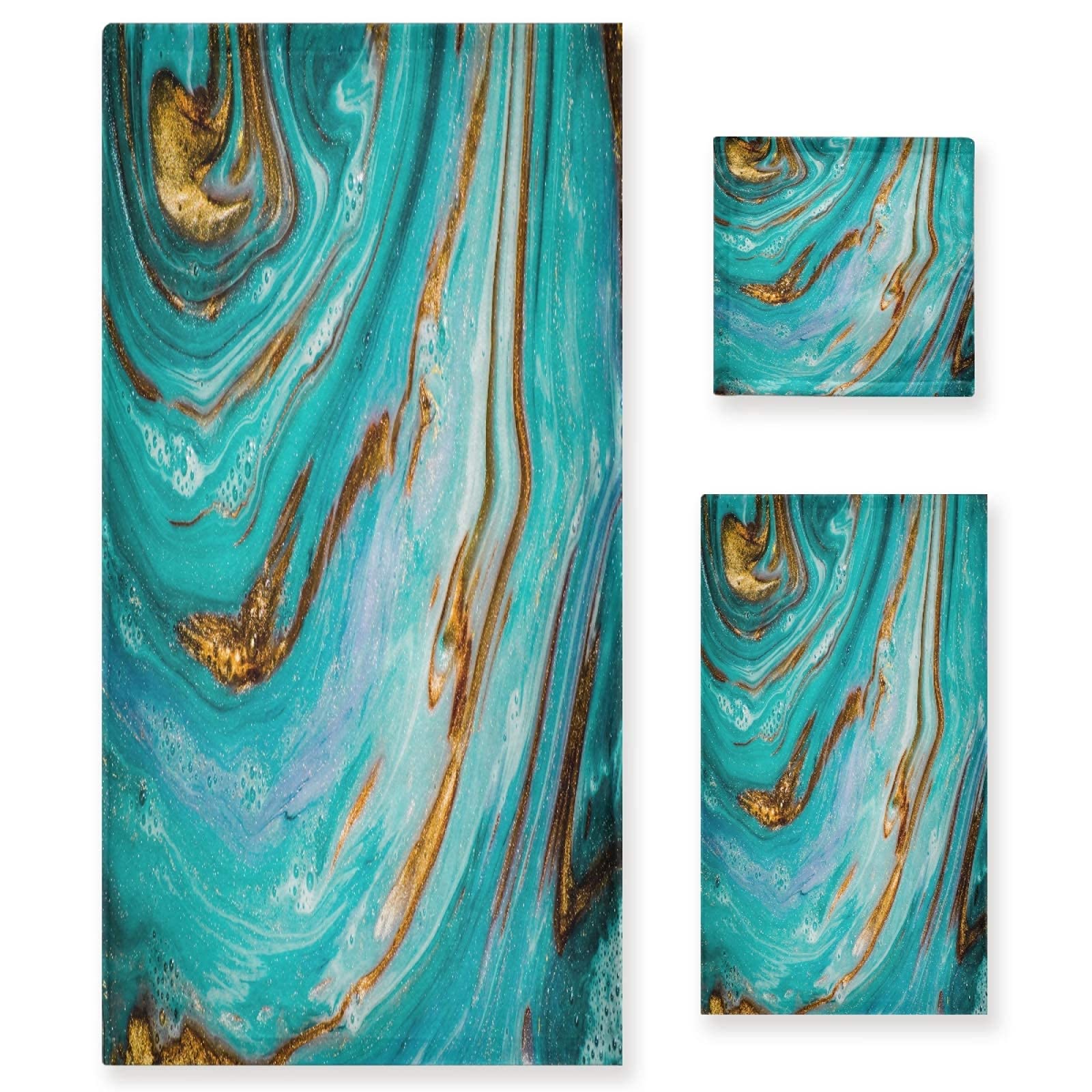 Teal Turquoise Marble Bath Towel Set - 3 Piece Gold Blue Marble Stone Hand Towels & Washcloth - Soft, Thin & Durable for Home, Bathroom, Hotel, Gym, Swim & Spa Decor - Perfect for Luxury Bathing, Guest Towels & Spa Day Essentials