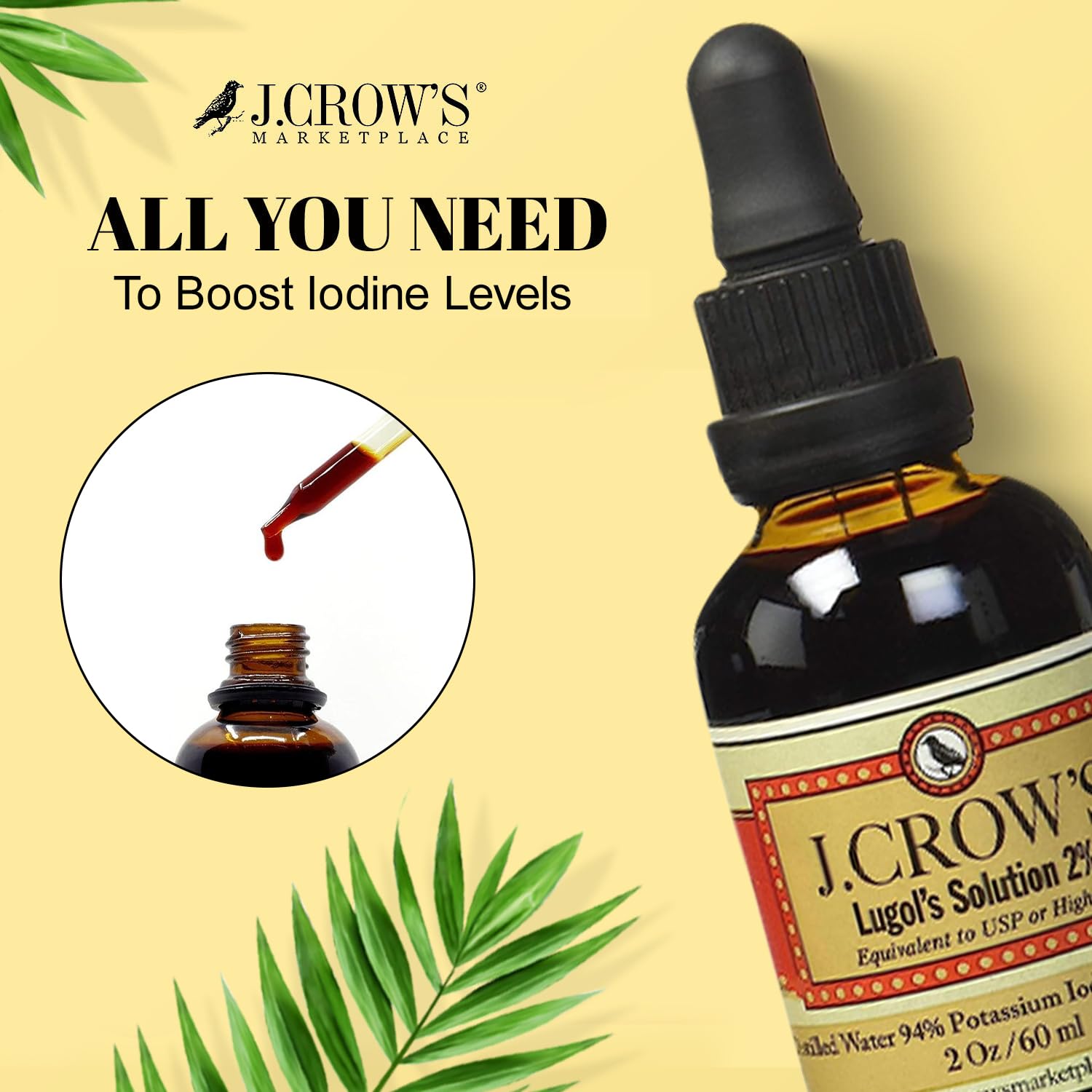 Premium J.CROW'S® Lugol's Iodine Solution 2% (2oz, 12 Bottles) - Natural Potassium Iodide Liquid for Thyroid Support & Energy Boost | Gluten-Free, Alcohol-Free, No Expiration | Ideal for Thyroid Health, Survival Kits & Emergency Preparedness