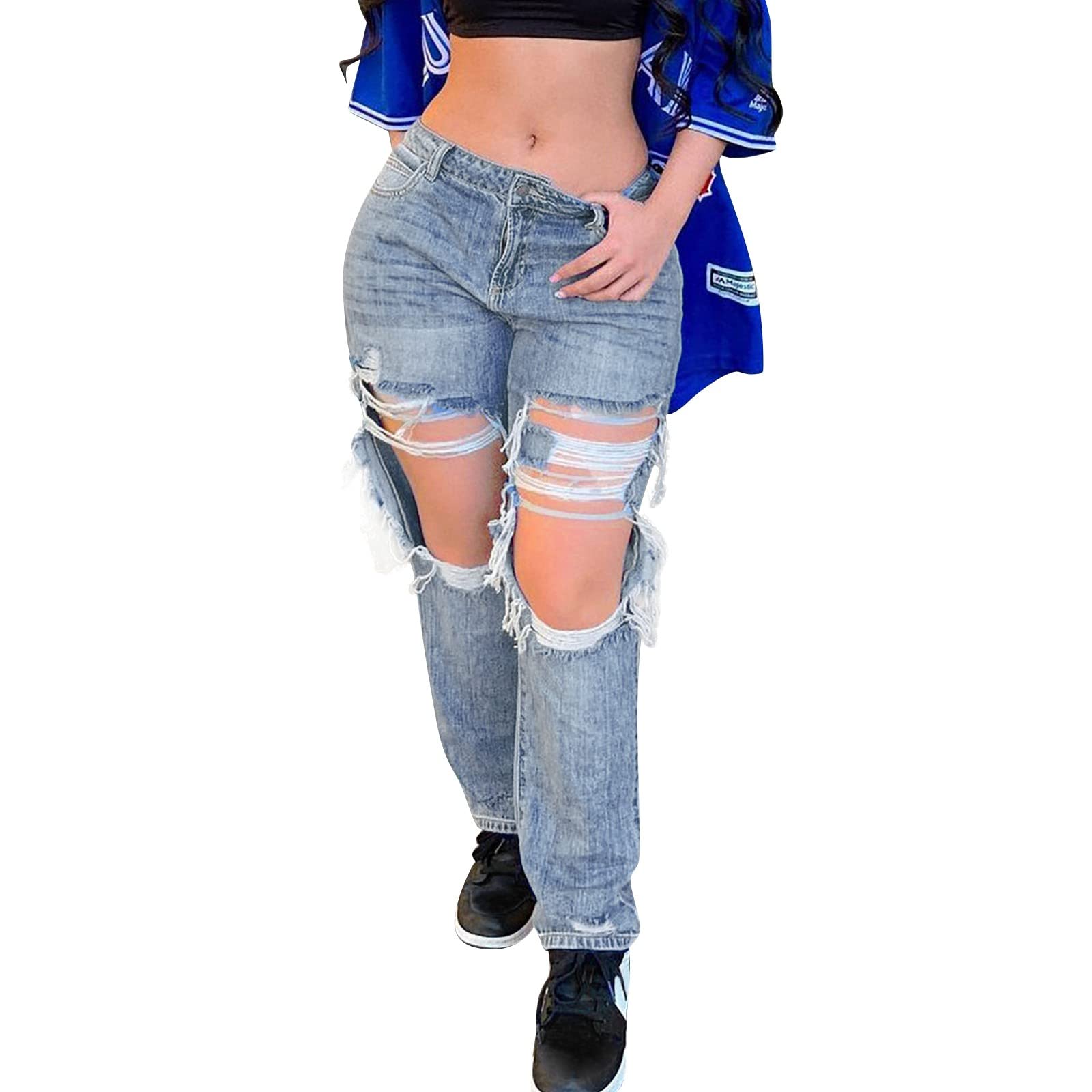 Women's Ripped Distressed Boyfriend Jeans - Size 16 Long, Loose Fit Wide Leg Denim Pants for Casual Wear | Perfect for Everyday Outfits, Street Style & Relaxed Looks