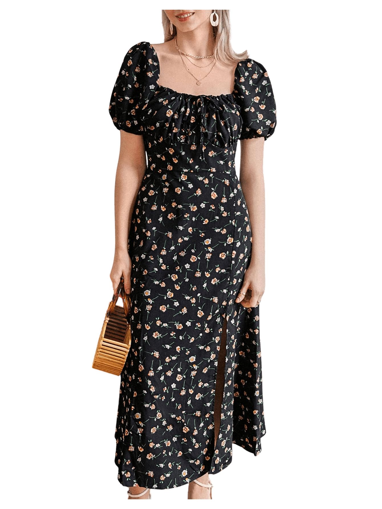 SHENHE Women's Floral Split Thigh Square Neck Puff Short Sleeve Long Boho Dress - Summer Beach Party, Vacation, Date Night Outfit