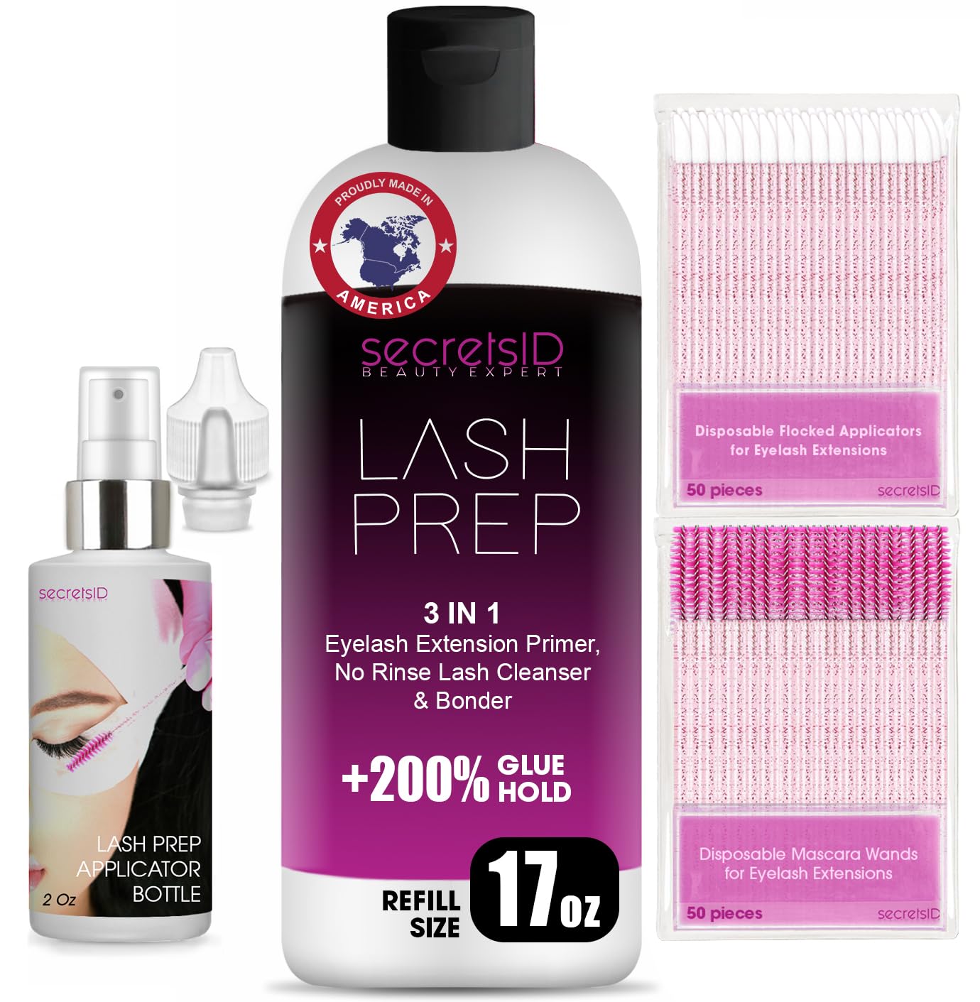 3 in 1 Eyelash Extension Primer Bulk 16 Oz - No Rinse Lash Cleanser & Bonder Kit with 100 Wands - Made in USA for Lash Technicians & Brow Stylists - Fragrance Free for Sensitive Eyes - Perfect for Salon & Home Use
