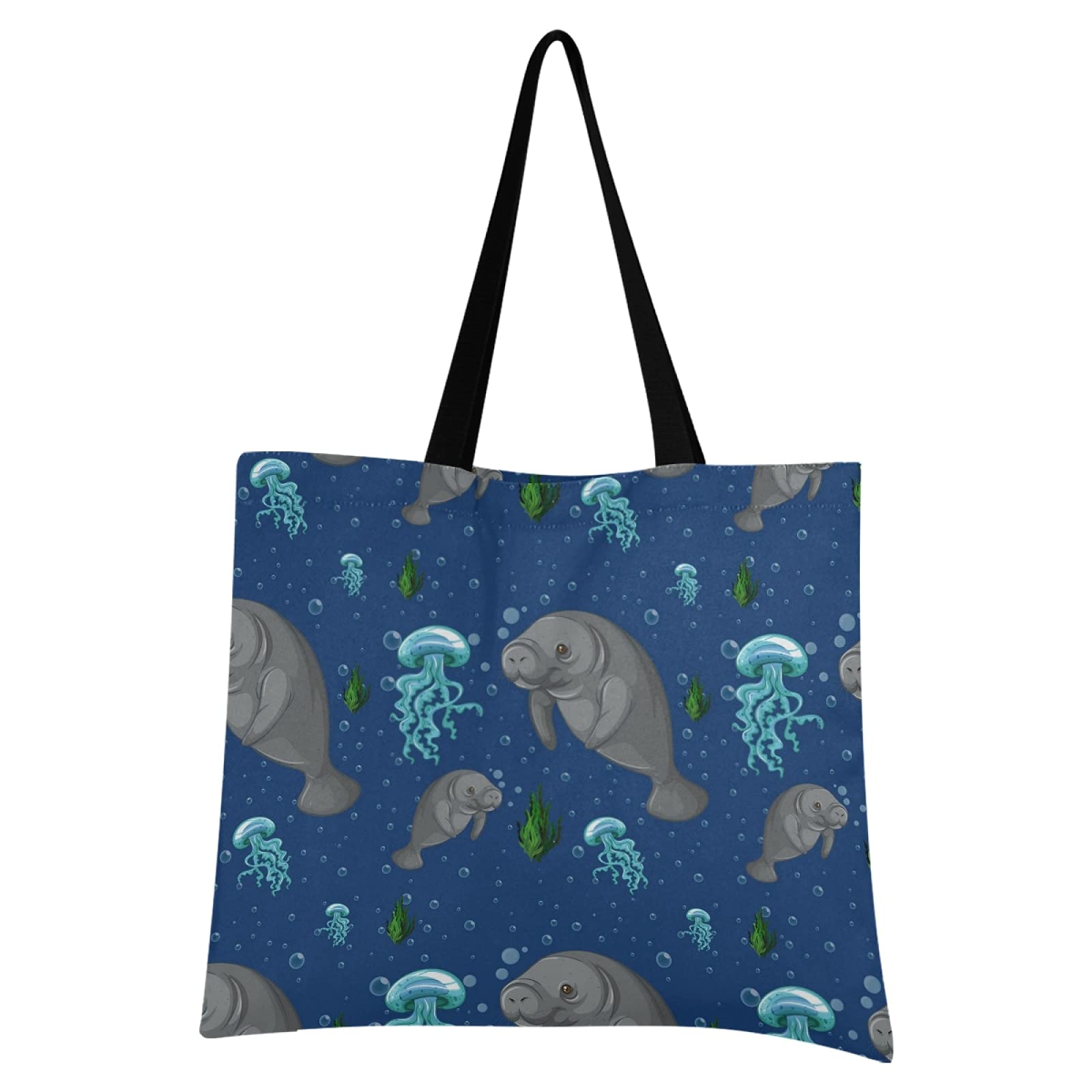 Blue Jellyfish & Seaweed Print Reusable Canvas Tote Bag - Eco-Friendly Grocery Shopping Bag for Women, Large Casual Shoulder Handbag for Travel, Beach & Outdoor Activities