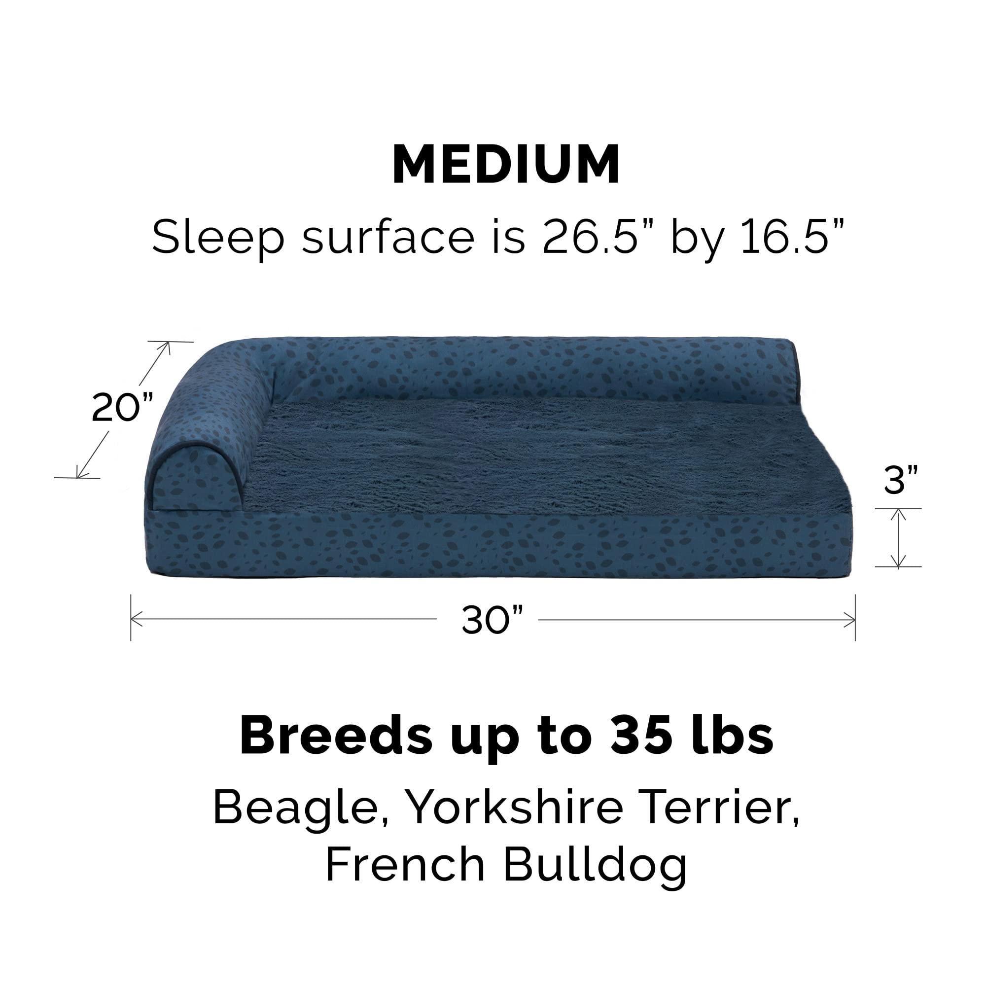 Furhaven Orthopedic Dog Bed for Small & Medium Dogs - Plush & Almond Print L-Shaped Chaise with Removable Bolsters & Washable Cover - Supports Up to 35 lbs - Blue Almonds (Medium) - Perfect for Crate Training, Arthritis Relief & Cozy Napping Spots