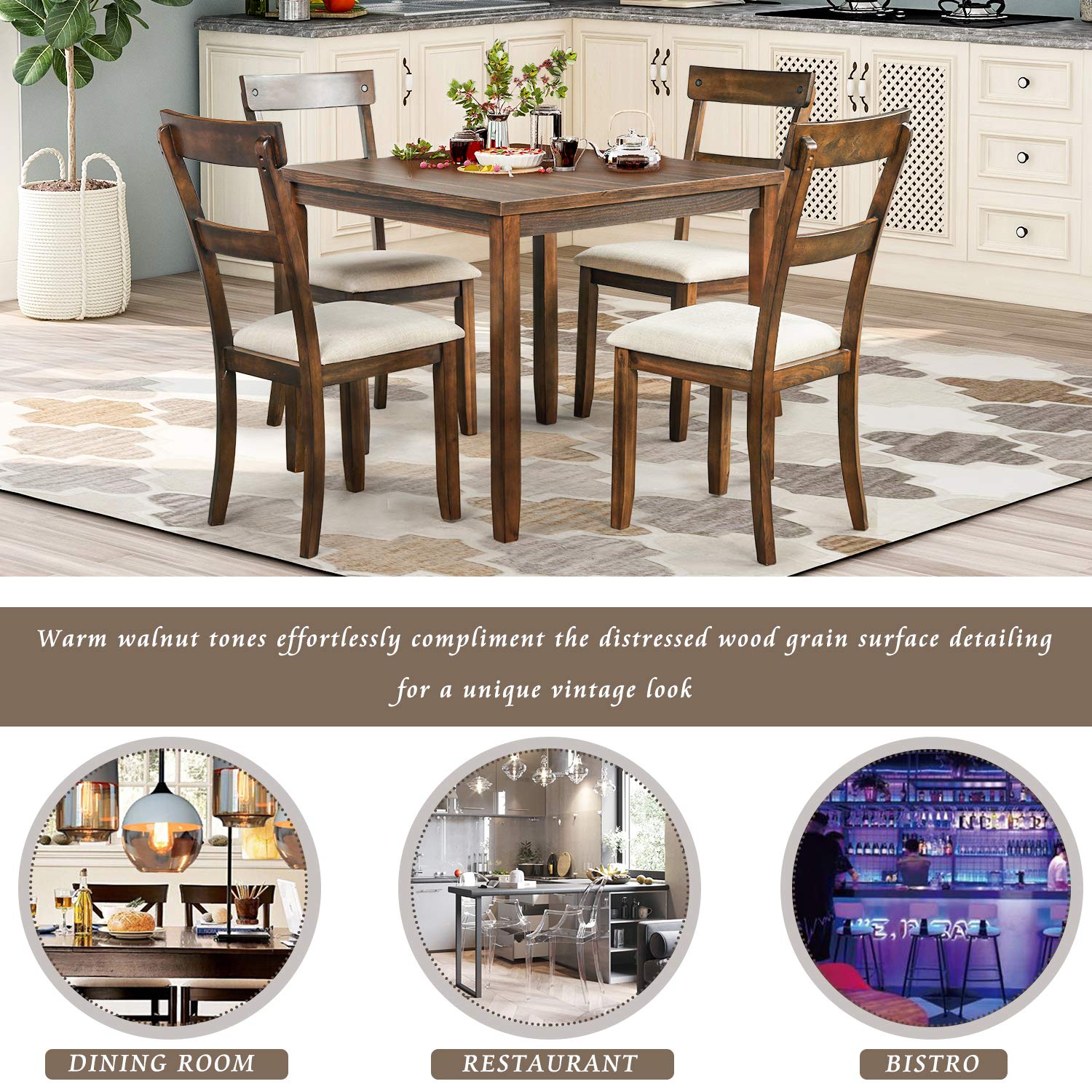 5-Piece Retro Industrial Wood Dining Table Set with 4 Upholstered Chairs - Walnut Finish & Cushion Seating - Perfect for Kitchen, Dining Room & Small Space Gatherings
