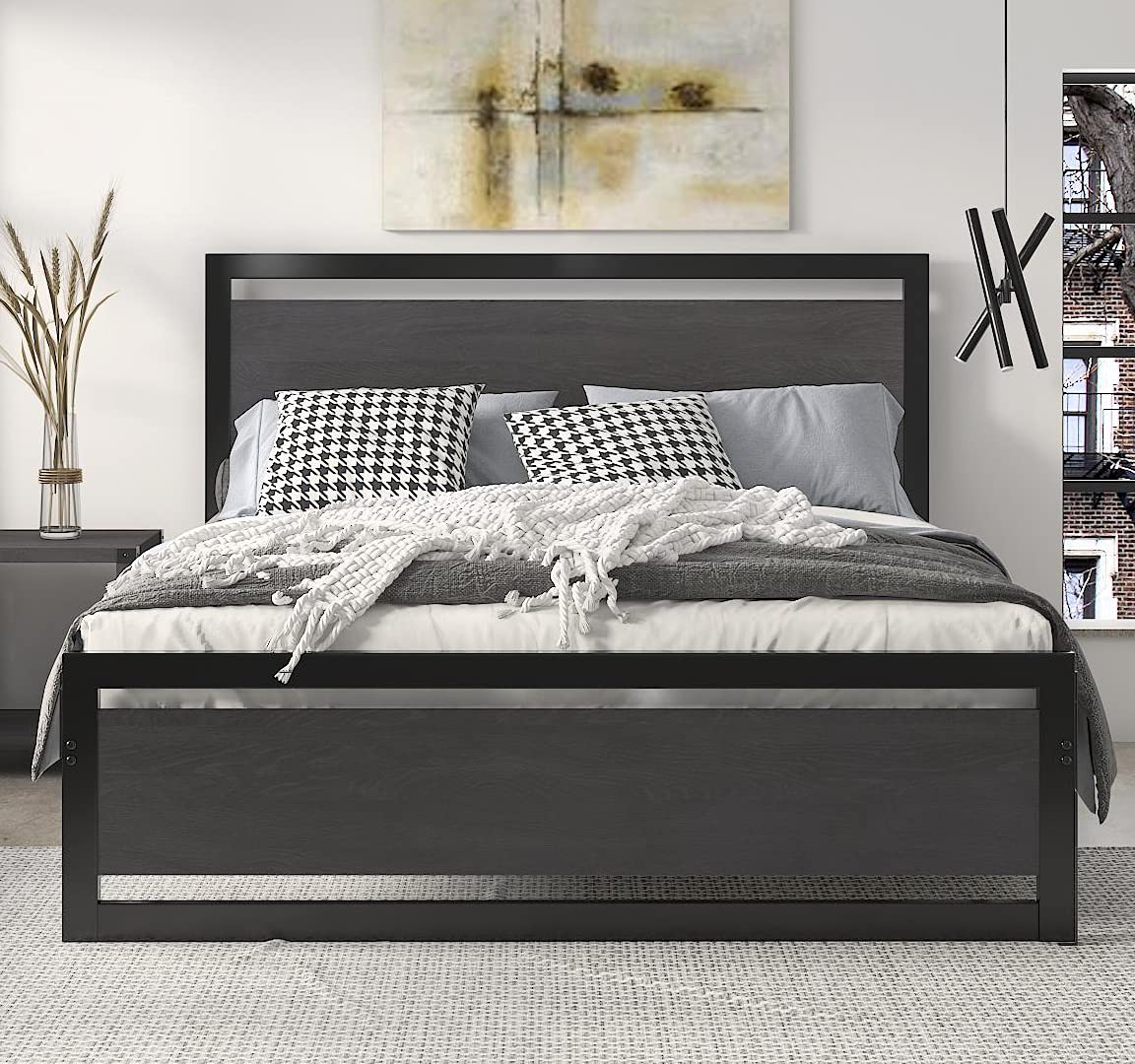 Full Size Bed Frame with Modern Wooden Headboard - Heavy Duty Metal Platform Bed with Square Footboard & 12 Wood Slats - No Box Spring Needed, Black - Perfect for Master Bedroom, Guest Room or Dorm