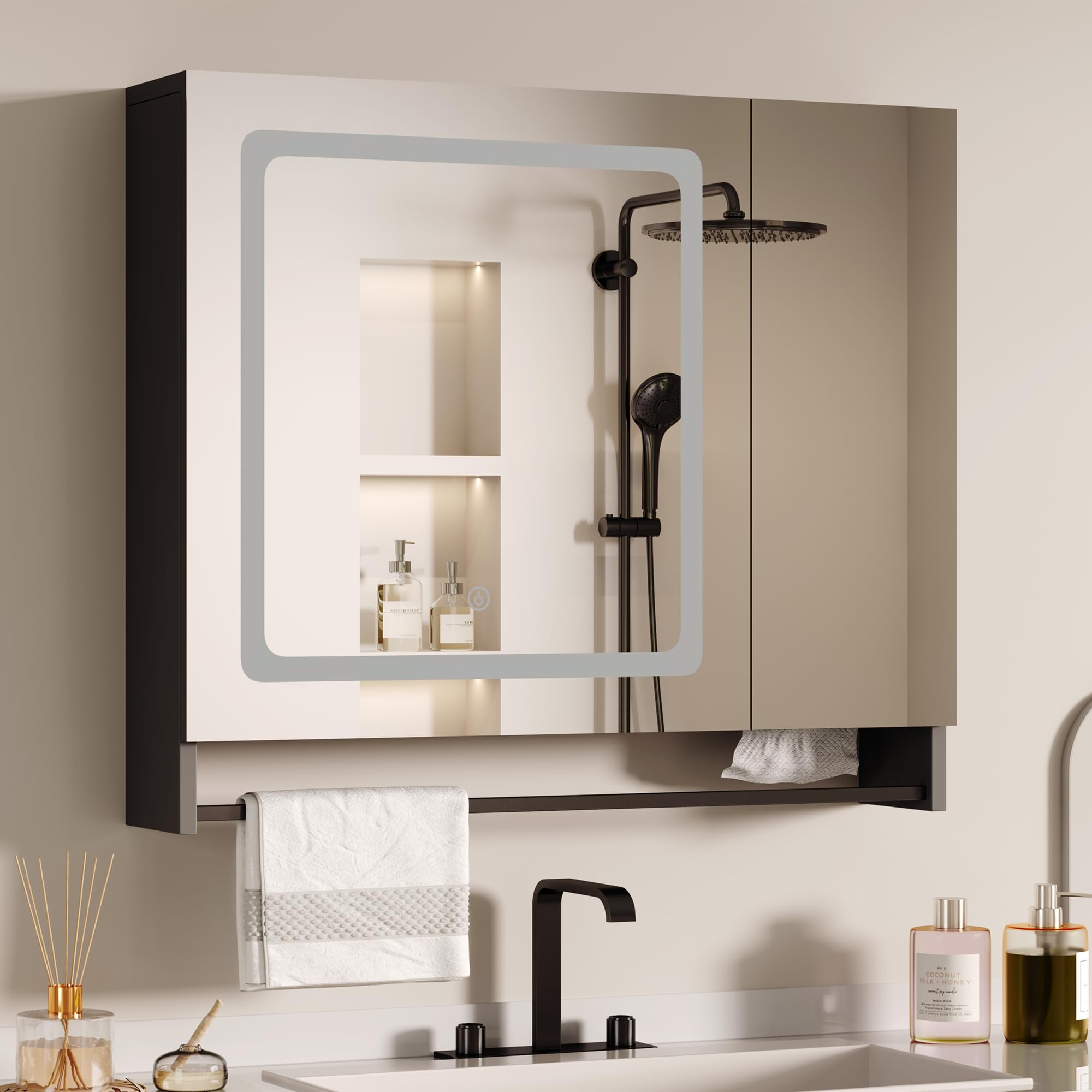 ChooChoo LED Medicine Cabinet with Mirror - Wall Mounted Bathroom Storage with Adjustable Shelves & Towel Bar, Black - Perfect for Modern Bathrooms & Vanity Organization