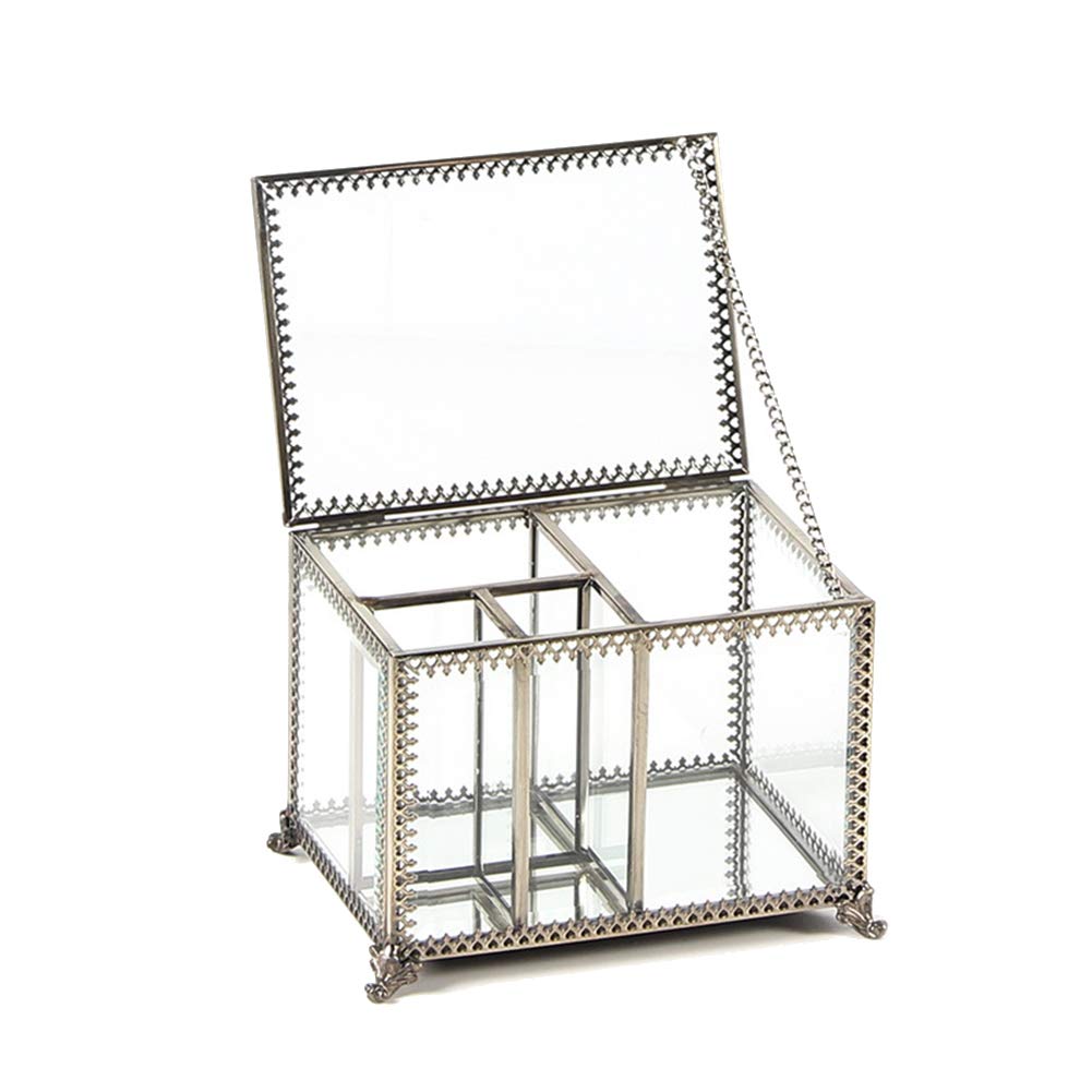 Clear Metal Frame Jewelry Storage Box with Lid - Organize Rings, Earrings & Cotton Swabs | Perfect for Vanity, Bathroom & Travel Cosmetic Organization
