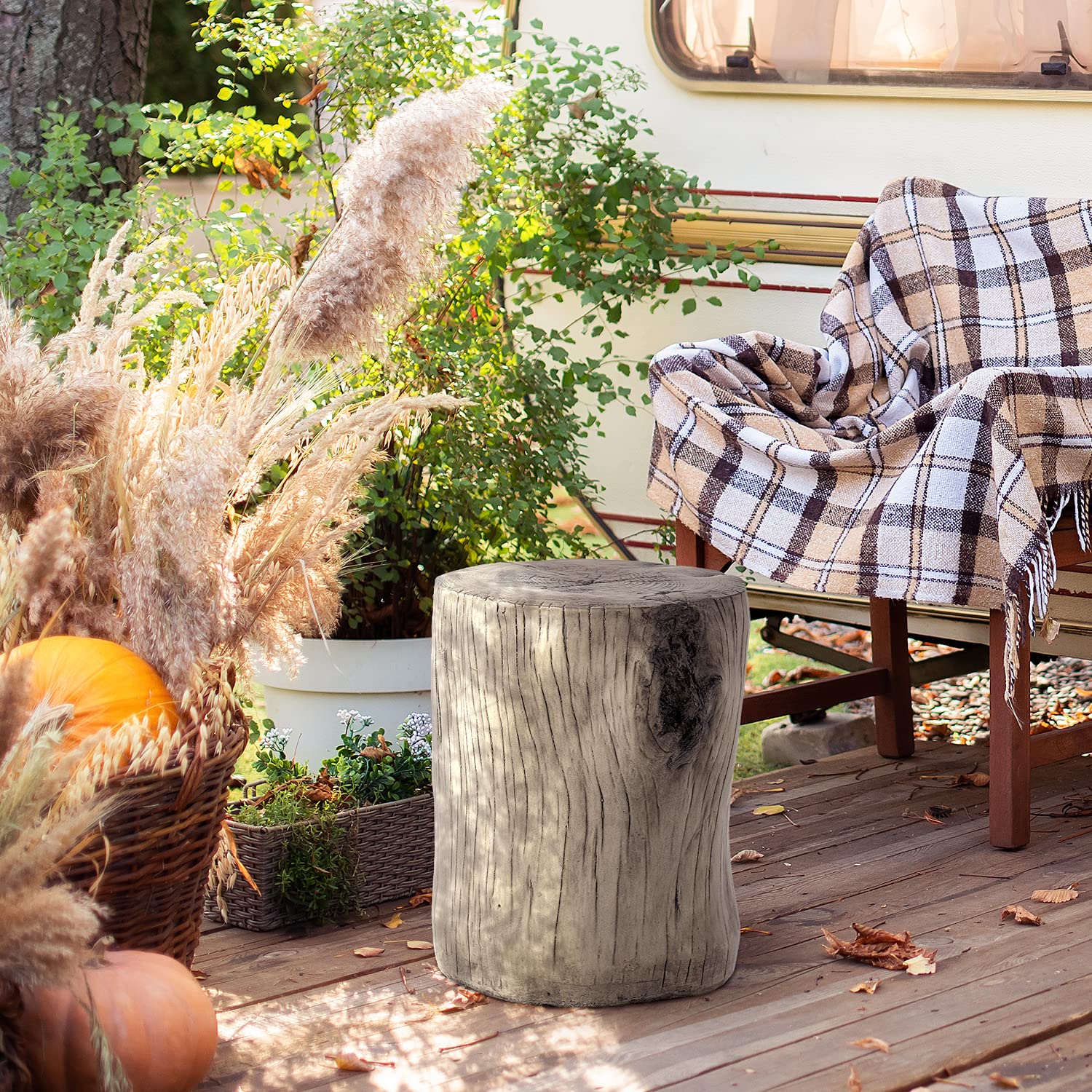SUNBURY Concrete Stump Side Table - Faux Wood Coffee Table & Log End Table - Light Grey Patio Stool with Plant Stand - Perfect for Garden, Living Room & Outdoor Decor