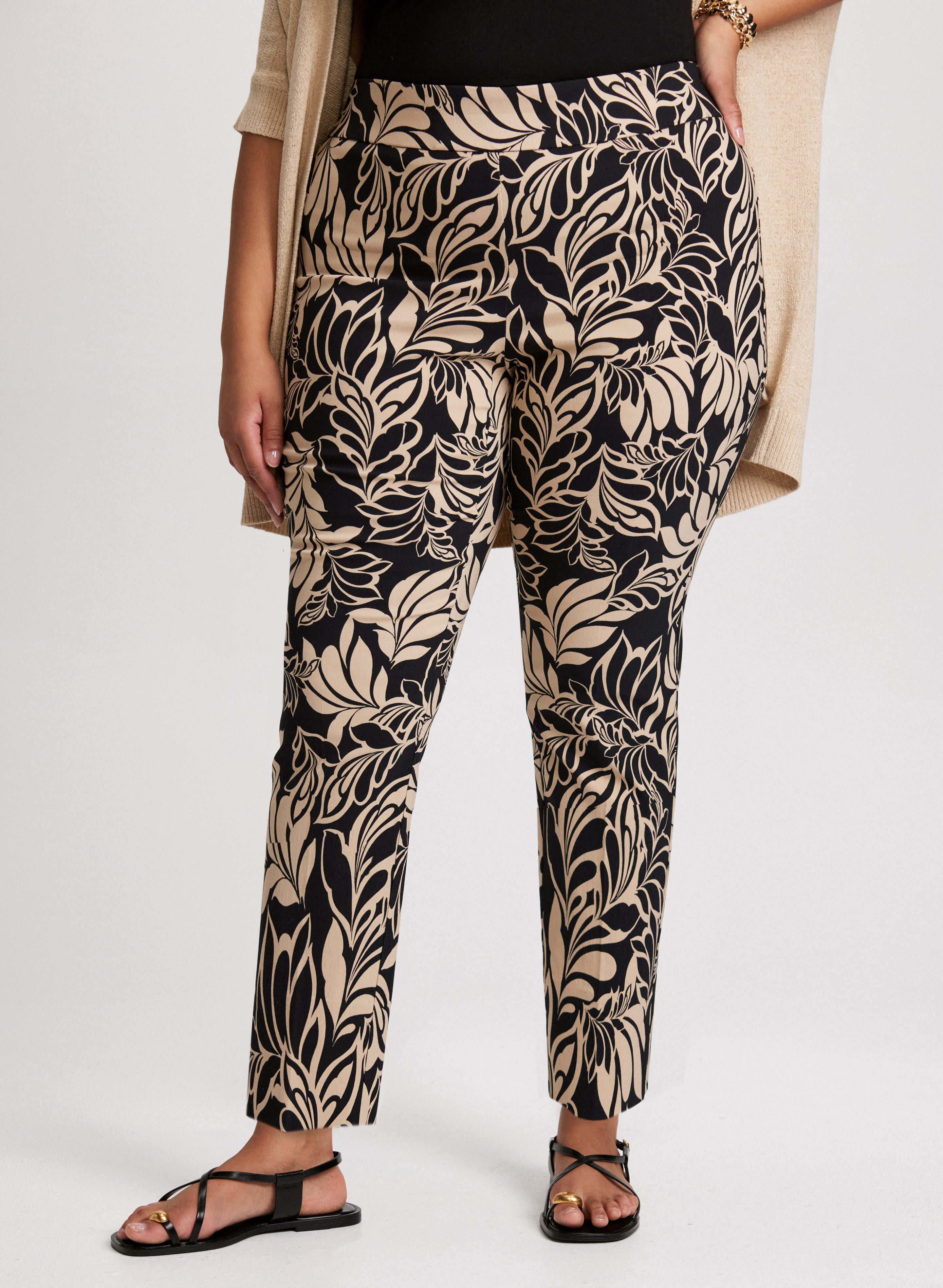 Floral Print Stretchy Pull-On Ankle Pants for Women - Comfortable Casual & Work Pants for Spring Summer Outfits