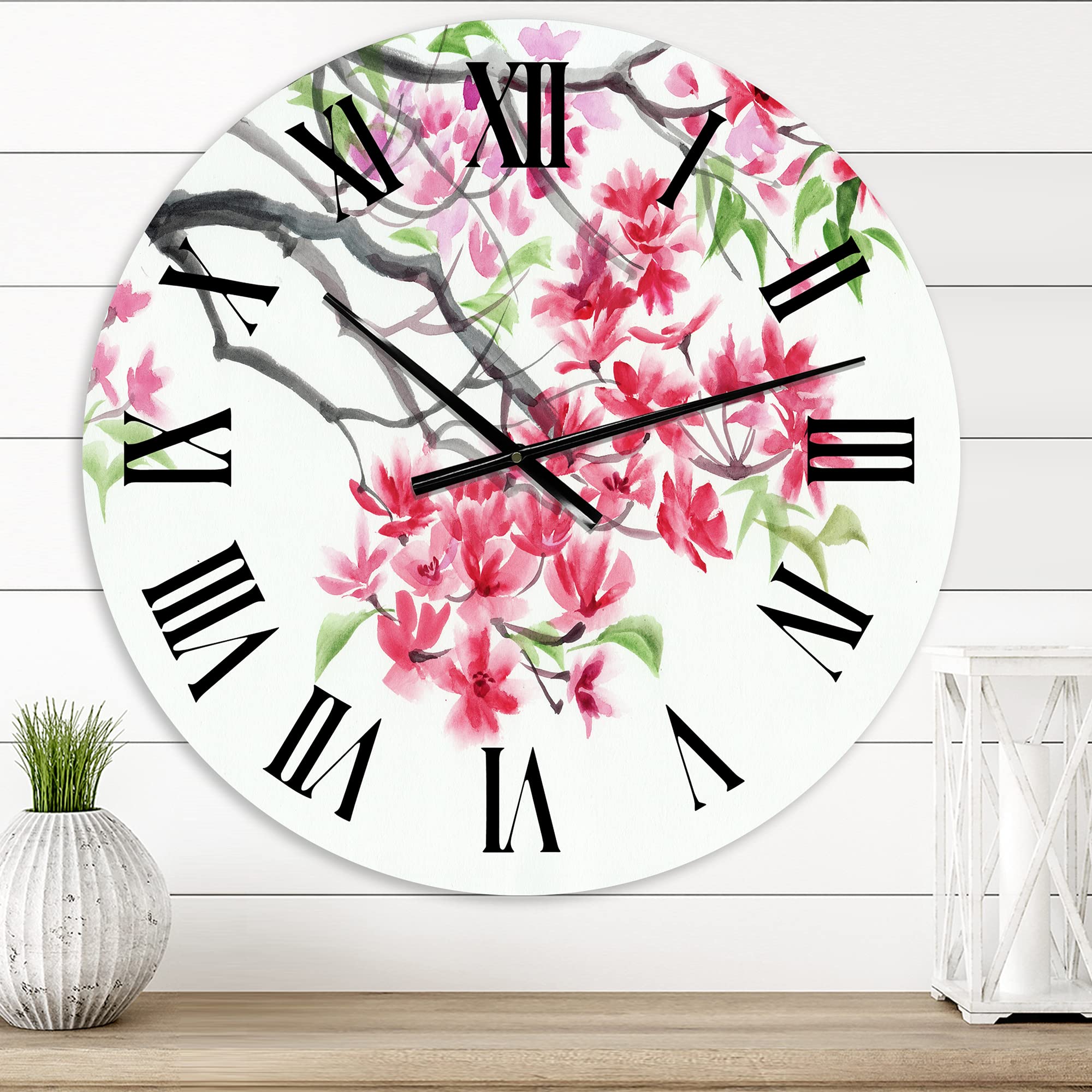 DesignQ Traditional Wall Clock 'Red Blossoming Tree' - Large Floral Botanical Wall Clock for Living Room, Bedroom & Office Decor | Perfect Home Decoration Gift