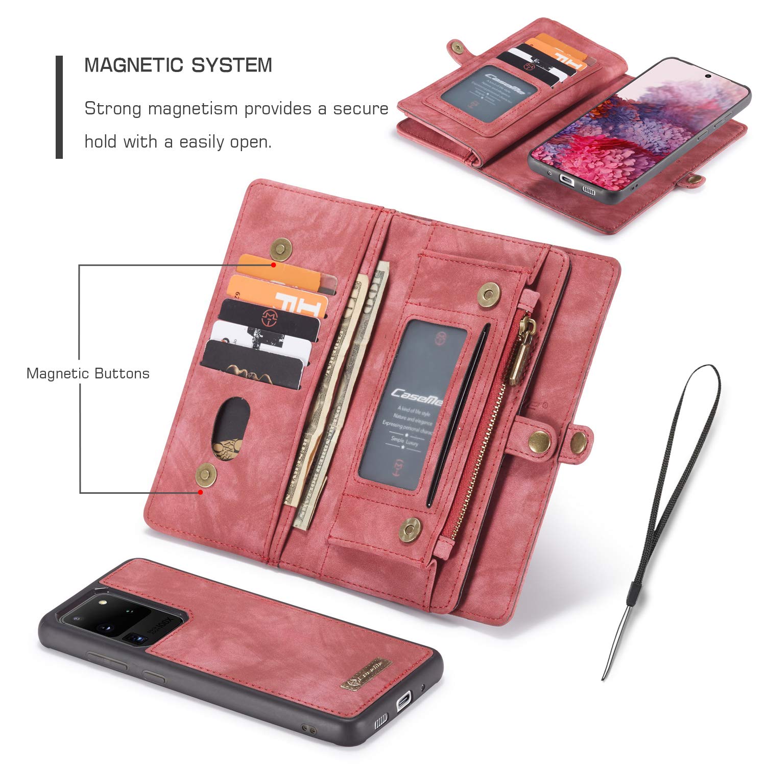 Samsung Galaxy S24 Ultra Wallet Case - Premium Leather Magnetic Flip Cover with Detachable Wrist Strap, 11 Card Slots & Shockproof Protection (Red) - Perfect for Business Travel, Daily Commute & Hands-Free Convenience