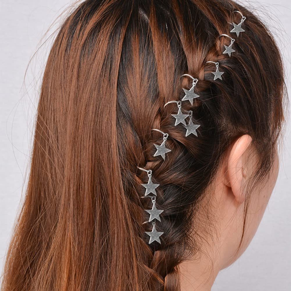 20 Pack Silver Star Hair Clips - Braid Jewelry Hair Charms & Rings for Women - Hair Accessories for Braids & Dreadlocks - Perfect for Parties, Weddings & Everyday Styling