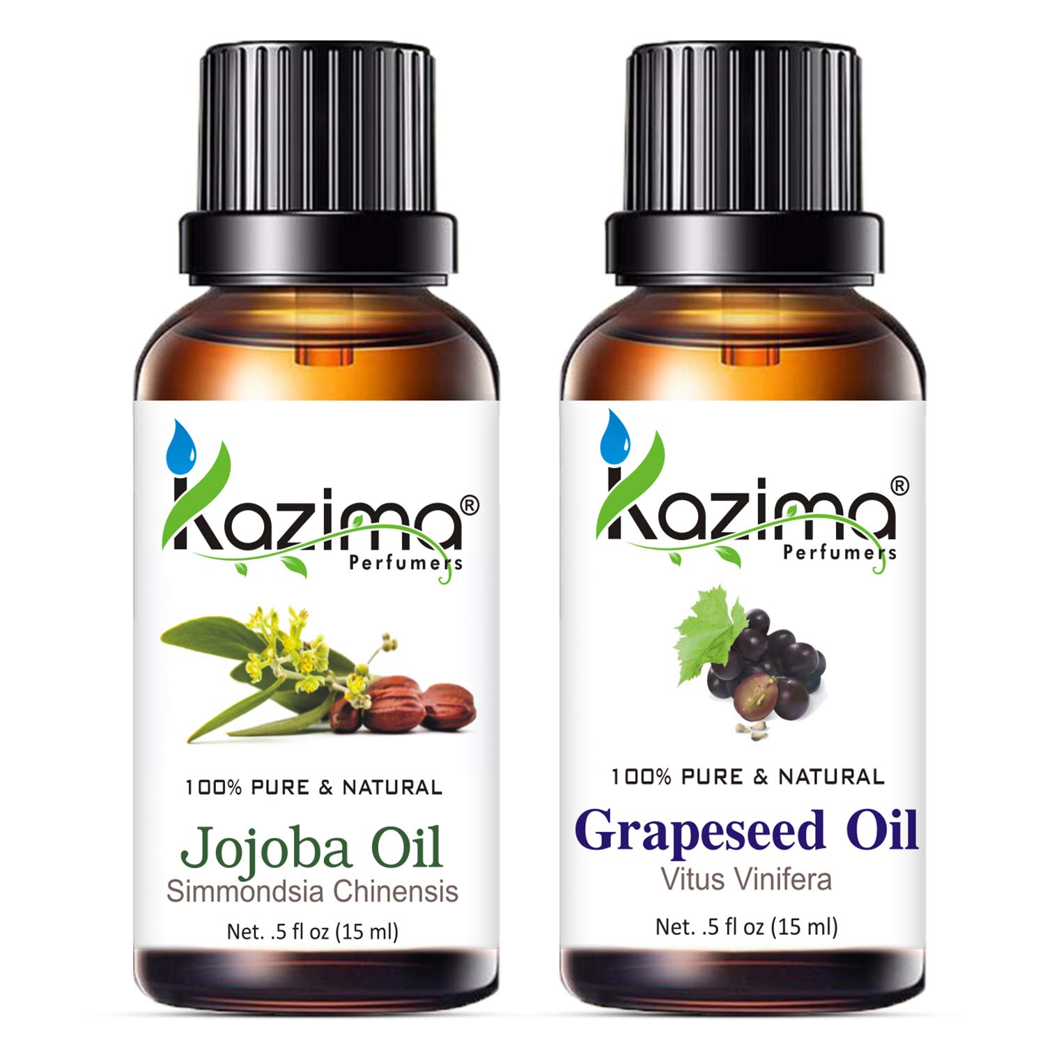 KAZIMA Jojoba Oil & Grapeseed Oil Combo - 100% Pure Cold Pressed Carrier Oils for Acne, Wrinkles, Skin Moisturizing & Hair Growth (15ml Each) | Natural Face & Hair Care for Dry Skin & Scalp Treatment