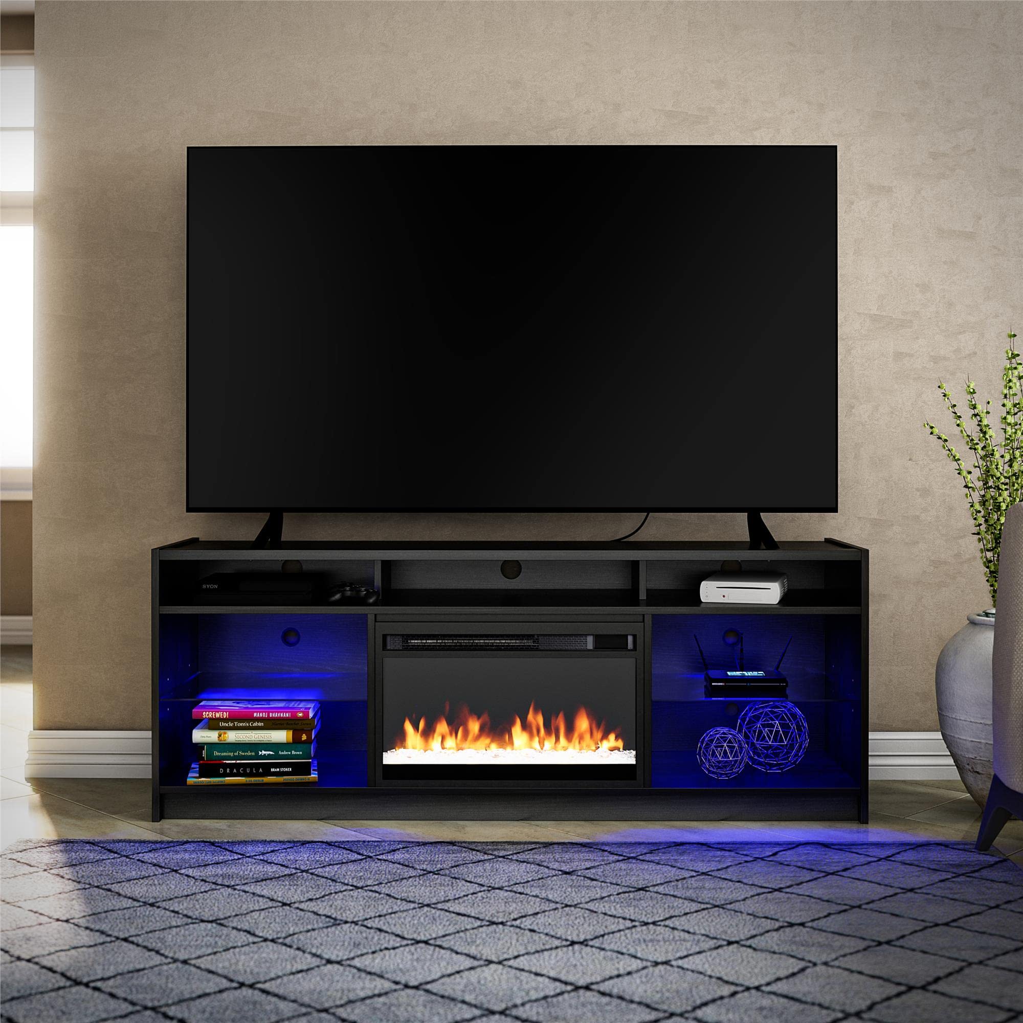 Ameriwood Home Luna 65-Inch Fireplace TV Stand with Electric Heater Insert - Remote Control, Timer, Color-Changing LED Lights & Crystal Ember Flames - Black Oak Finish for Living Room & Home Theater Setup