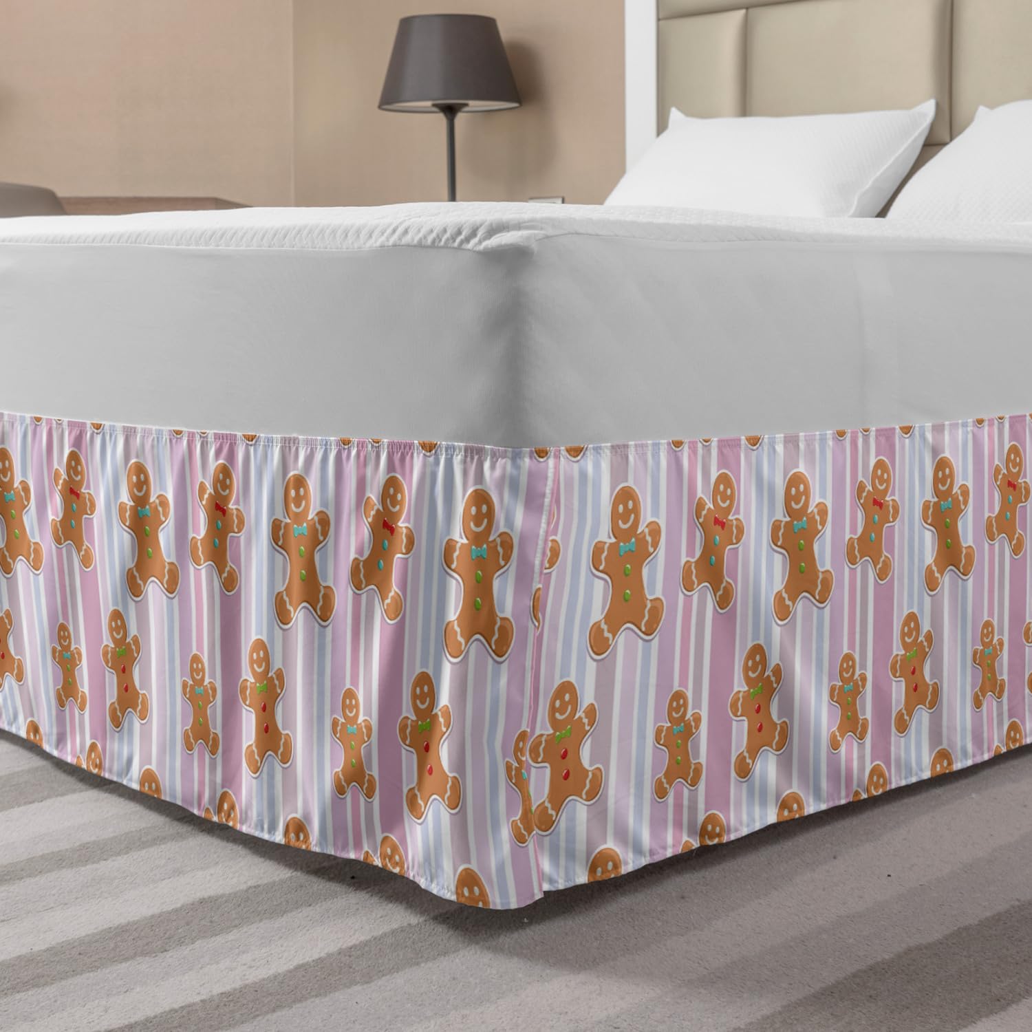 Ambesonne Gingerbread Man Christmas Bed Skirt - Pastel Striped Bakery Pattern, Elastic Wrap Around Gathered Design for Queen Size Beds | Holiday Bedroom Decor & Cozy Winter Home Staging