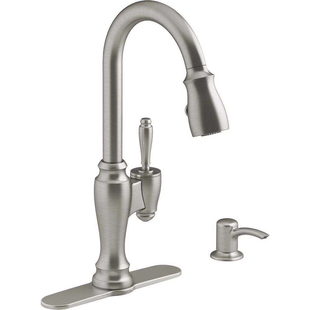 Kohler Arsdale Single-Handle Pull-Down Sprayer Kitchen Faucet with Soap/Lotion Dispenser - Stainless Steel Modern Design for Sink, Dishwashing & Cooking - Perfect for Home Kitchen Renovation