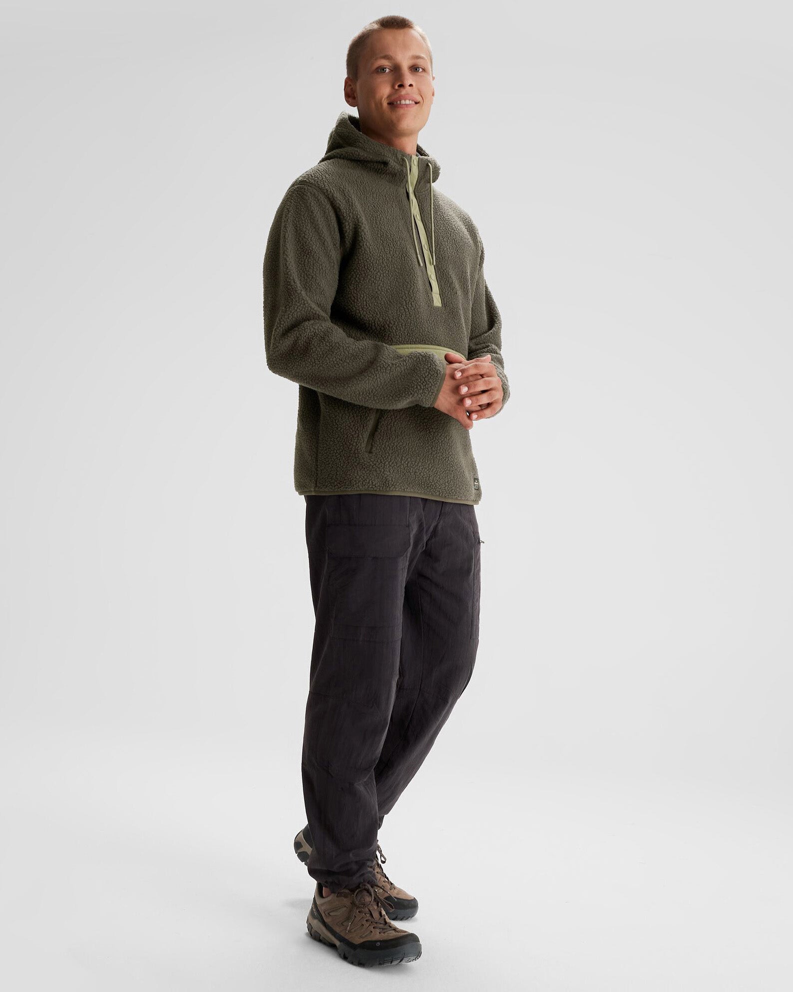 Men's Co Z High Pile Hooded Pullover Fleece Jacket - Dark Moss Green for Outdoor Hiking & Winter Warmth