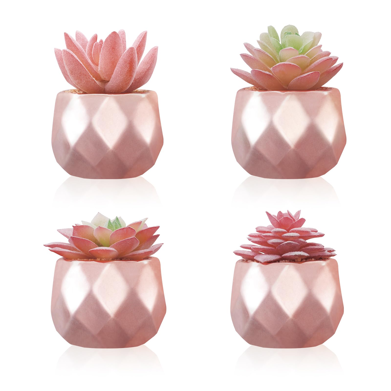 4 Pack Mini Rose Gold Artificial Succulents in Pots - Realistic Fake Plants for Home Office Desk Decor, Window Sill, Bathroom & Bedroom - Perfect Gift for Women & Plant Lovers