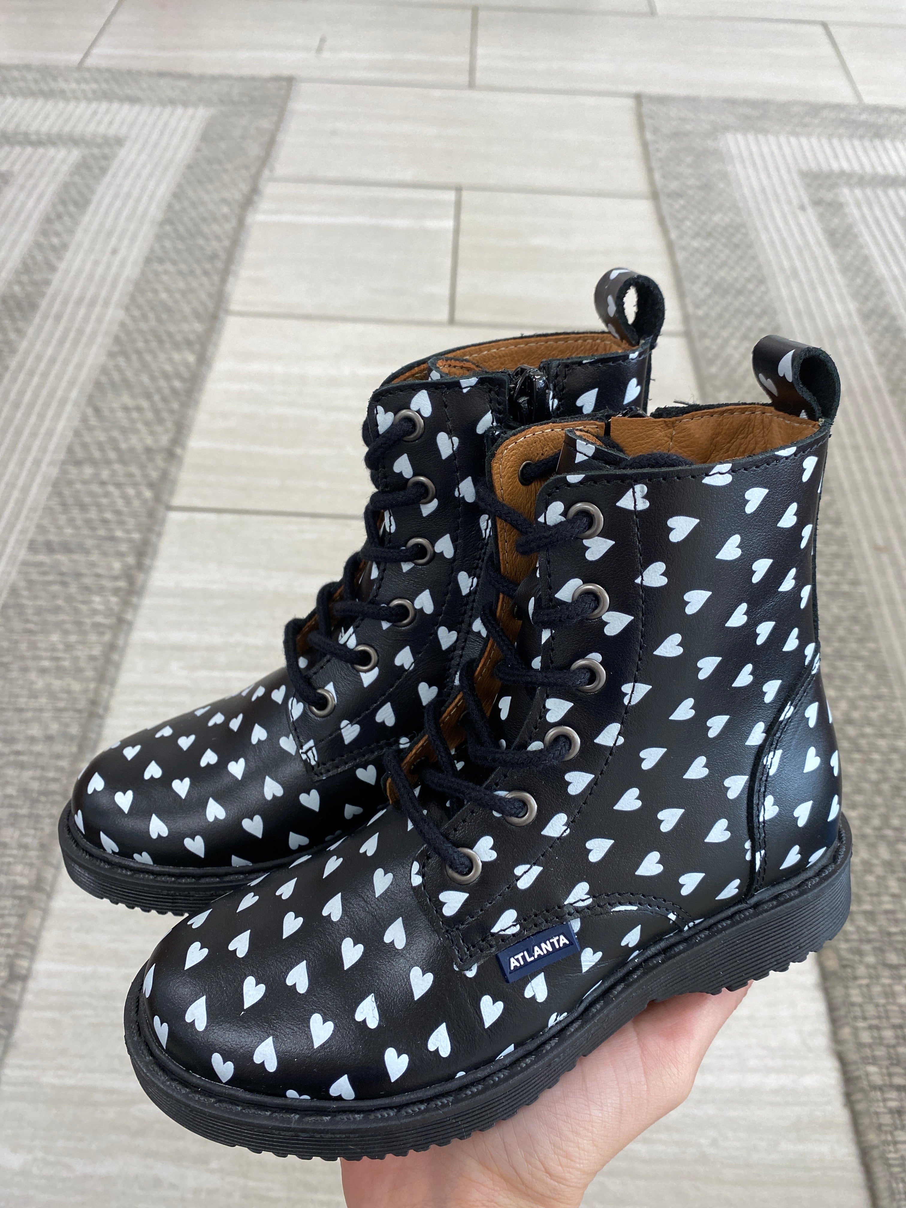 Atlanta Moccasin Boots for Women - Black & White Heart Design | Comfortable Slip-On Casual Shoes for Daily Wear, Outfits & Fashion Style