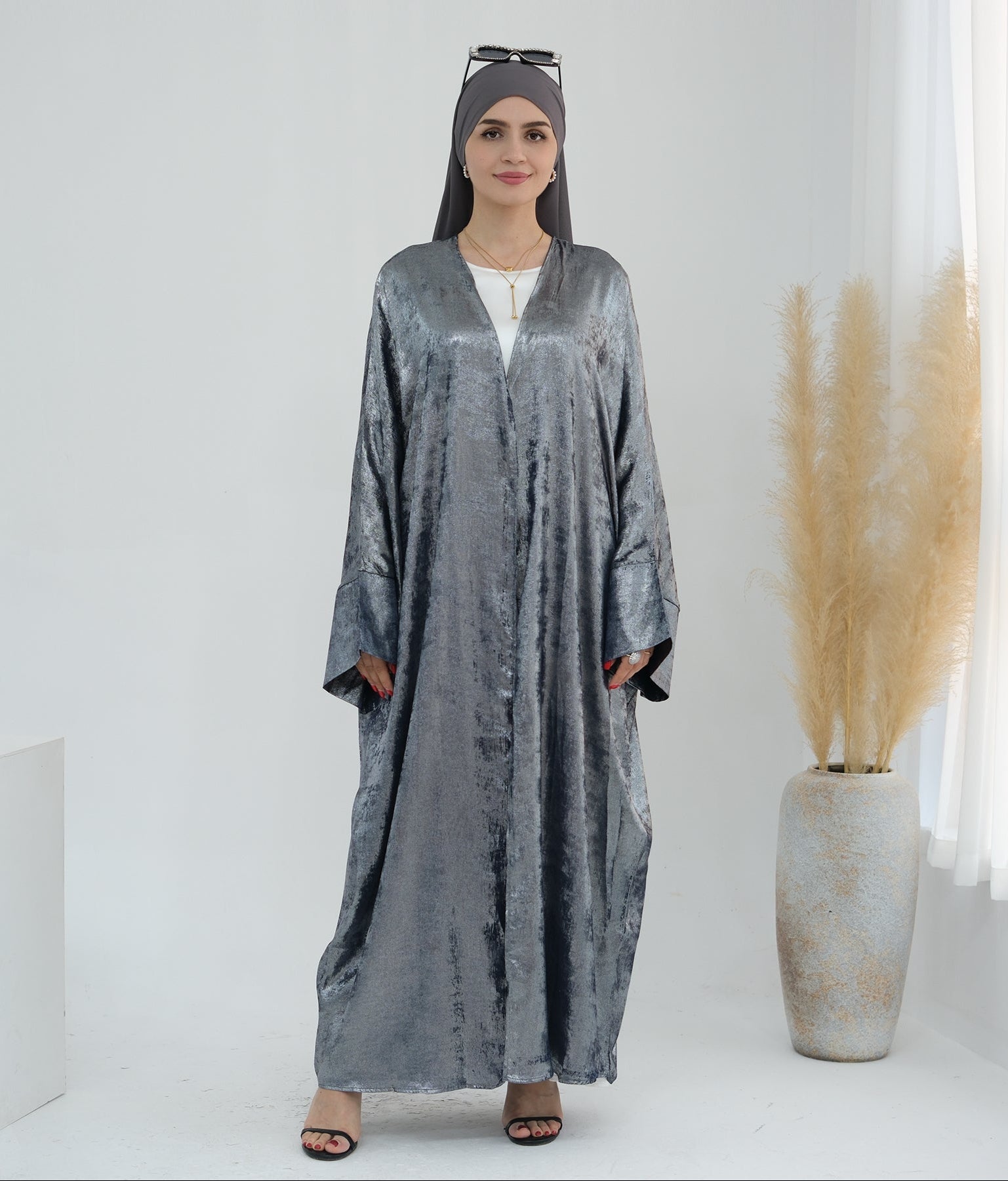 Draya Shimmer Kimono Open Abaya Silver - Elegant Muslim Women's Prayer Dress for Special Occasions & Evening Events