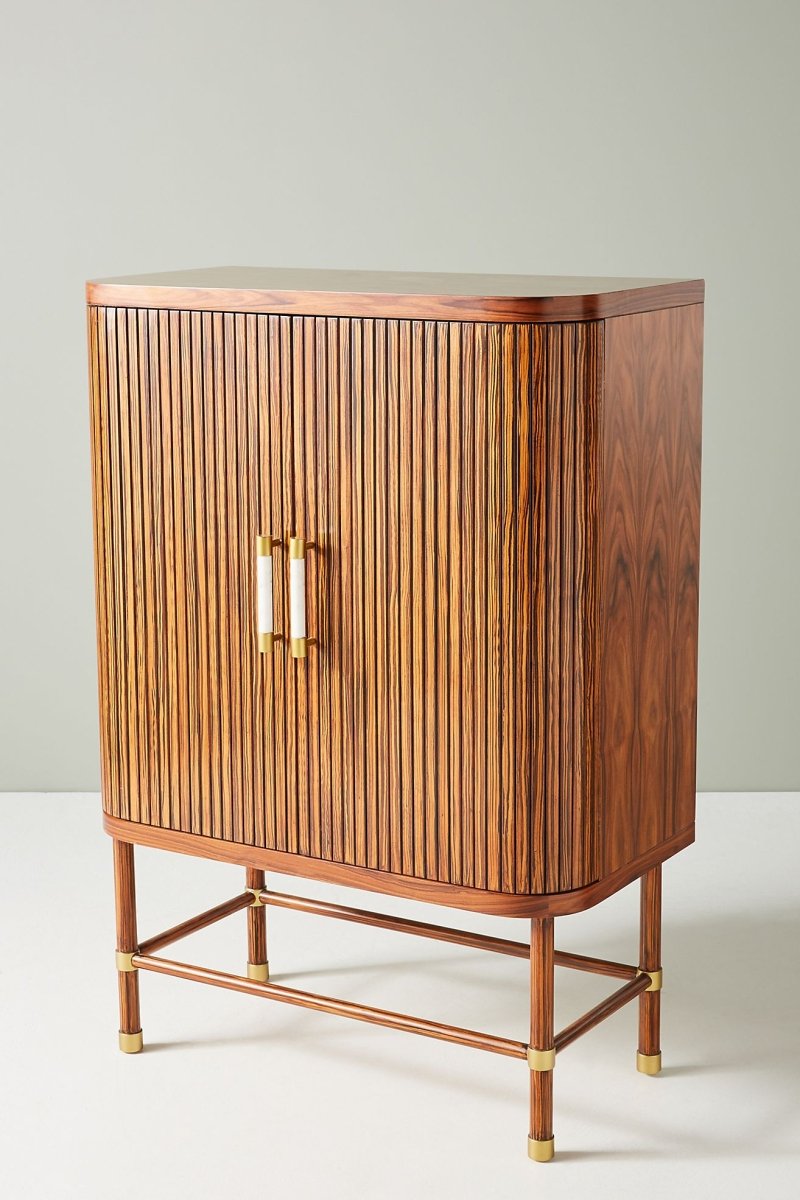 Hand Carved Deluxe Tambour Bar Cabinet - Solid Wood Home Bar Furniture for Living Room, Dining Room & Man Cave