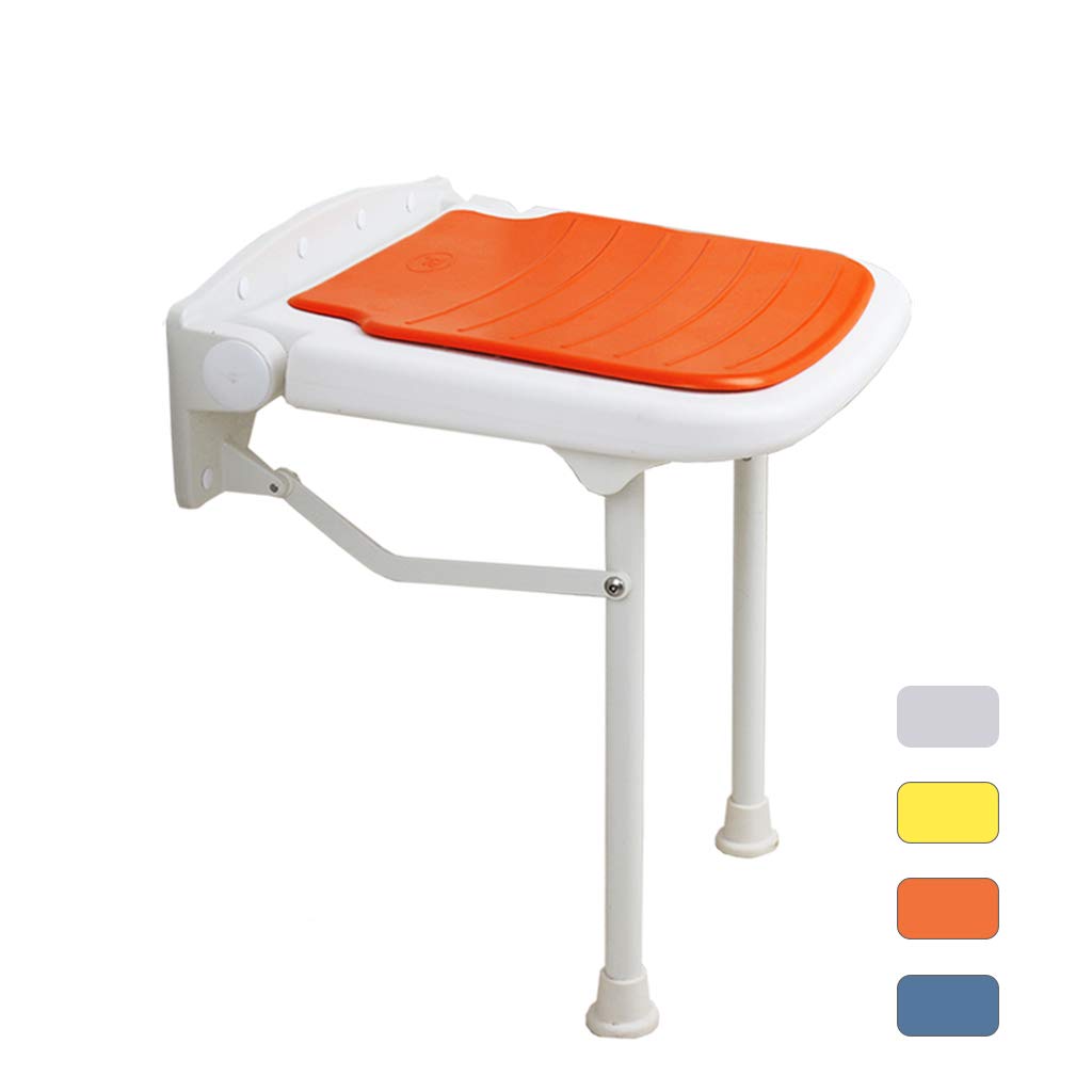 Foldable Wall-Mounted Shower Seat - Adjustable Height 47.5cm Bath Chair with Sturdy Metal Legs | Non-Slip Orange Shower Bench for Elderly & Disabled | Perfect for Small Bathrooms & Assisted Living Spaces