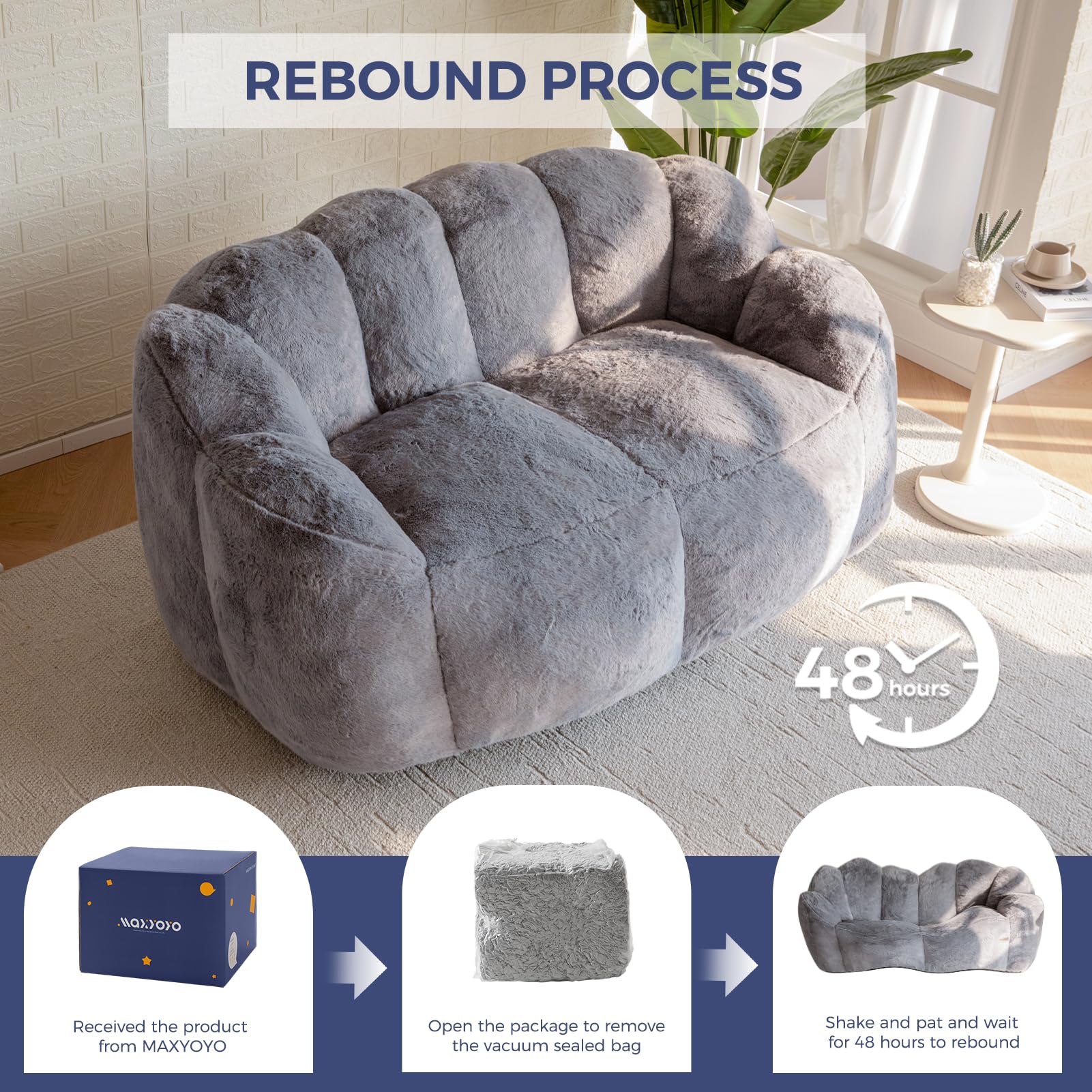 MAXYOYO Ultra Soft Faux Fur Bean Bag Chair - Double Size Loveseat with Floral Petal Back Design for Adults & Teens, Dark Grey - Perfect for Living Rooms, Bedrooms, Dorms & Game Rooms