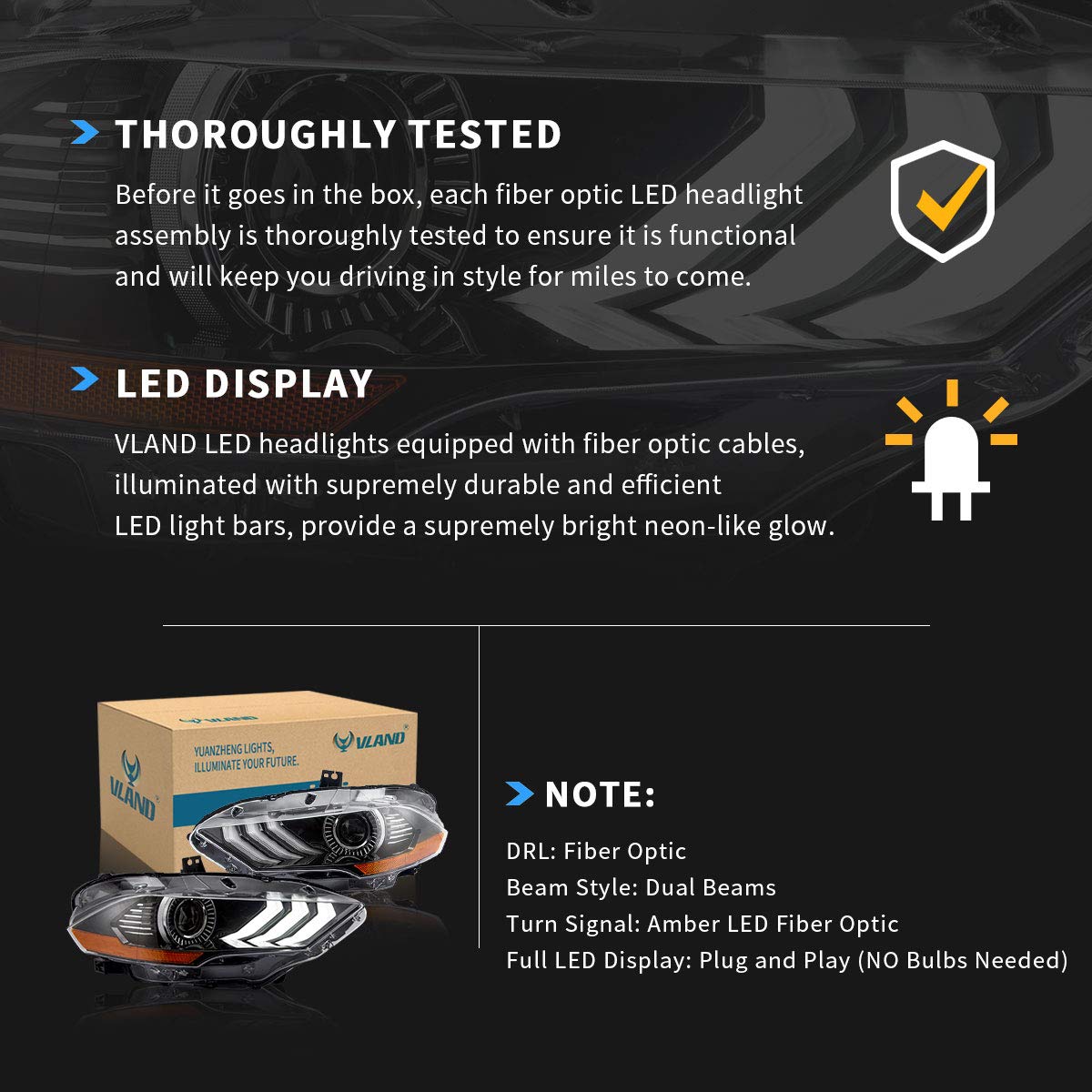 VLAND LED Headlights for Ford Mustang 2018-2020 - Projector Front Light Assembly with Dual Beam Lens (Driver & Passenger Side) | High-Performance Lighting Upgrade for Night Driving & Car Shows