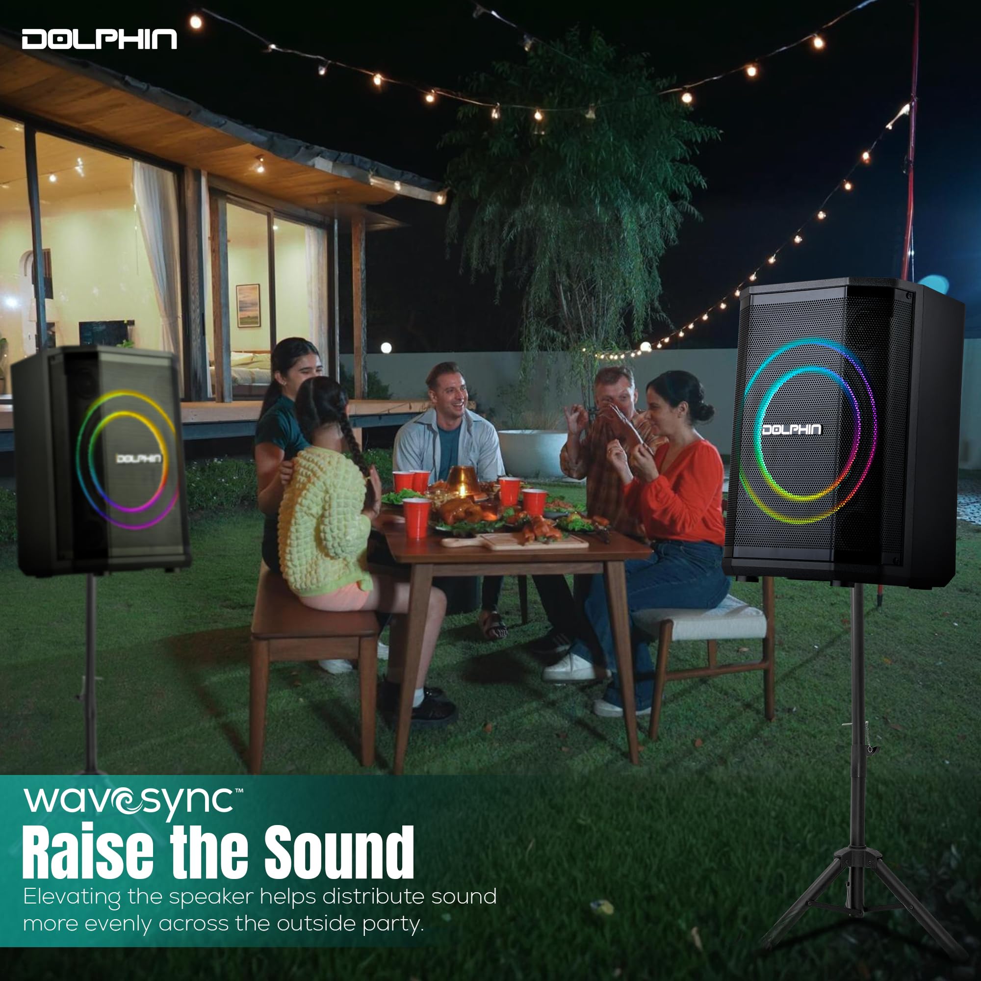 Dolphin Rechargeable Portable Bluetooth Speaker with 3D LED Ring Light, TWS Pairing, Wireless Mic & Multiple Playback Modes - Perfect for Parties, Karaoke, Outdoor Events & On-The-Go Entertainment
