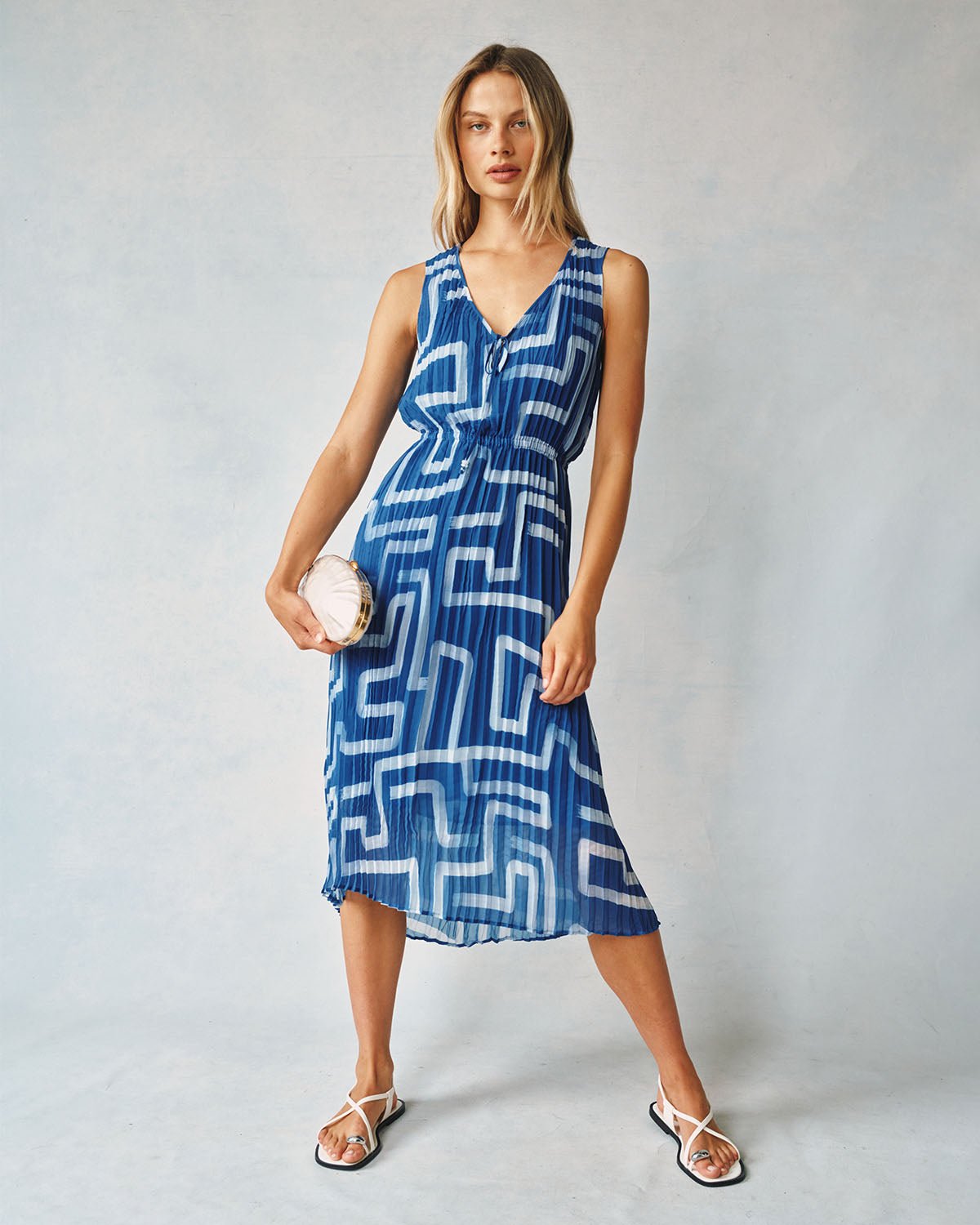 Elegant High Low Pleated Dress with Coastal Line Print - Perfect for Beach Vacations & Summer Parties