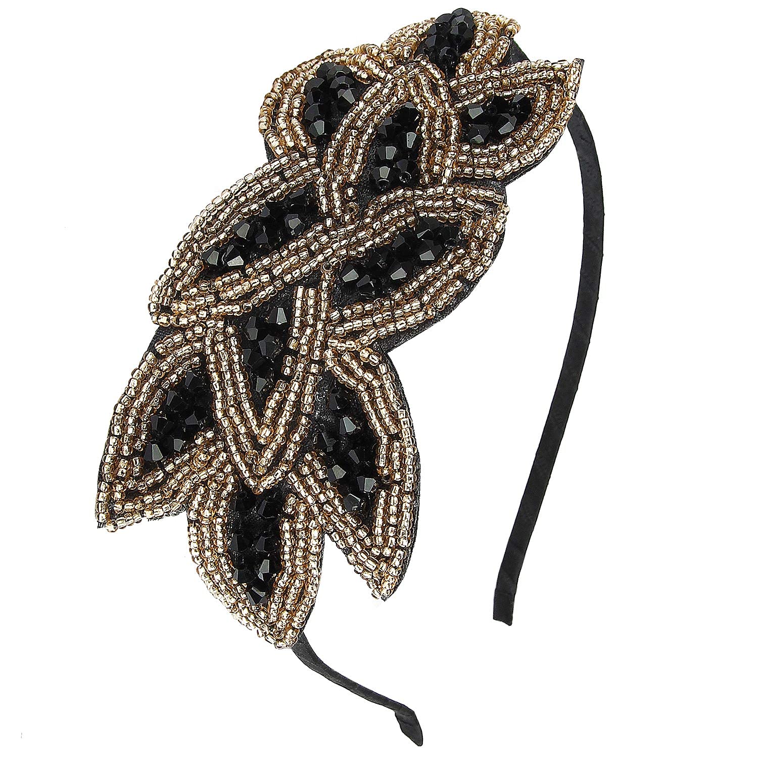 Vintage 1920s Crystal Headband for Women - Elegant Gold & Black Fascinator Headpiece for Wedding, Birthday Party, Tea Party & Gatsby Themed Events