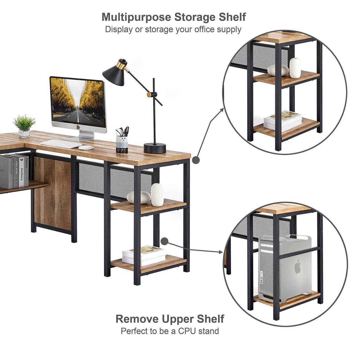 FATORRI 59 Inch L-Shaped Computer Desk with Wood Shelves - Industrial Rustic Home Office Corner Desk with Sturdy Metal Legs (Rustic Oak) - Perfect for Small Spaces, Gaming Setup & Remote Workstations