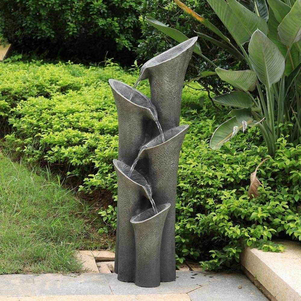 Modern Grey Tiered Cascading Floor-Standing Water Fountain with LED Lights - Contemporary Polyresin Indoor/Outdoor Decor for Garden, Patio, or Living Room Relaxation