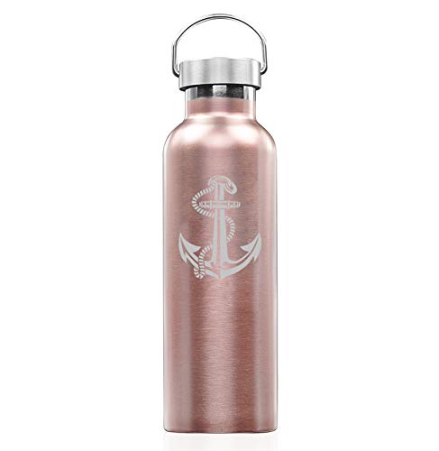 Rose Gold Double Wall Vacuum Insulated Stainless Steel Tumbler - 25oz Travel Mug with Anchor Design & Rope Handle - Keeps Drinks Hot/Cold for Hours - Perfect for Camping, Hiking, Office & Outdoor Adventures