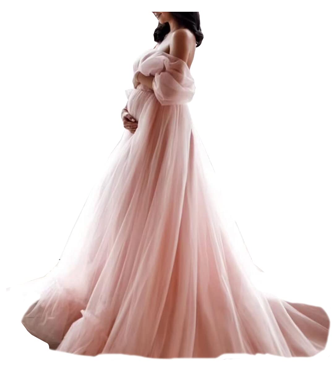 Maternity Tulle Bathrobe for Photoshoot - Off Shoulder Sweetheart Dressing Gown for Pregnancy, Birthday & Bridal Shower - Soft Loungewear for Moms-to-Be, Photo Sessions & Special Occasions