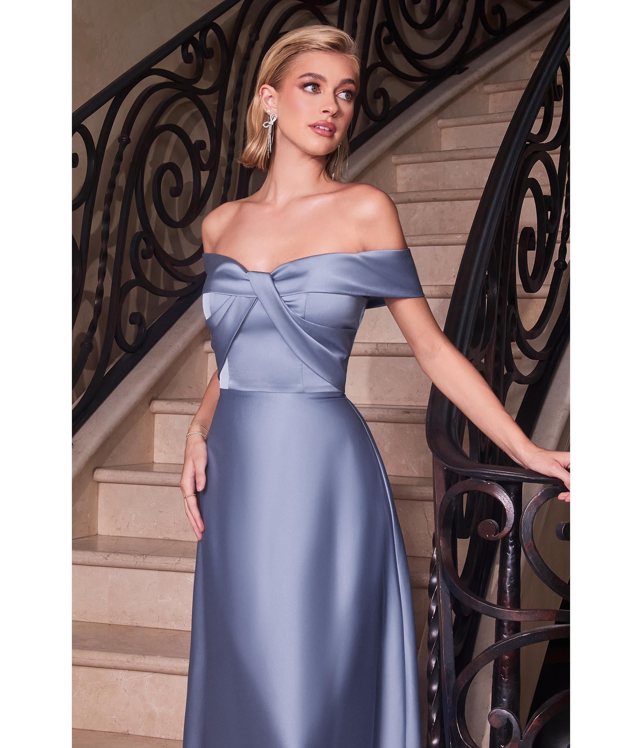 Ladivine by Cinderella Divine Paris Blue Satin Off-The-Shoulder Prom Gown - Elegant Formal Dress for Homecoming, Ball, and Special Occasions