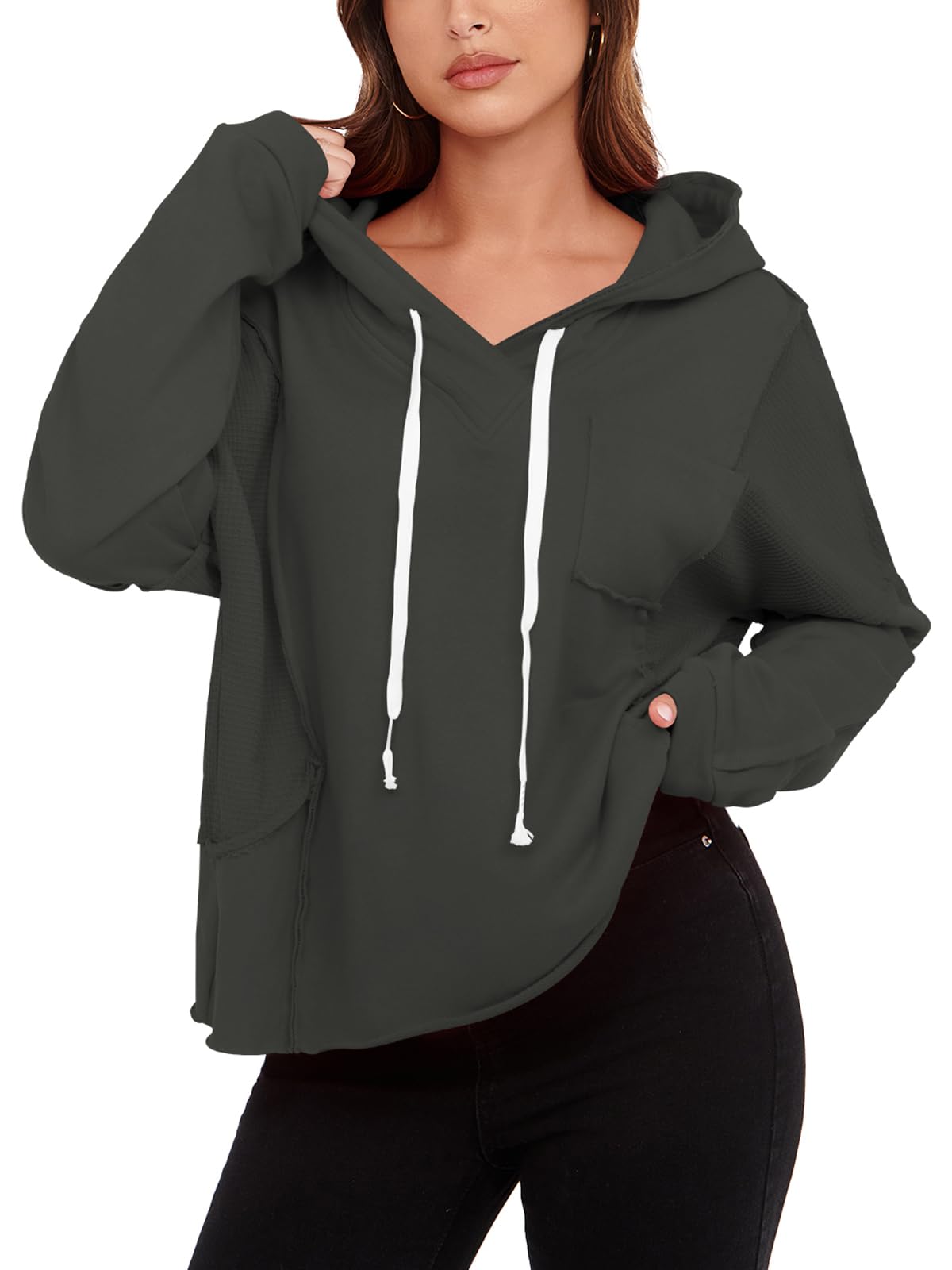 Poetsky Women's Casual V-Neck Waffle Knit Patchwork Hoodie - Loose Fit Long Sleeve Oversized Pullover Sweatshirt with Pocket | Cozy Fall & Winter Layering, Streetwear Fashion, Lounge Wear