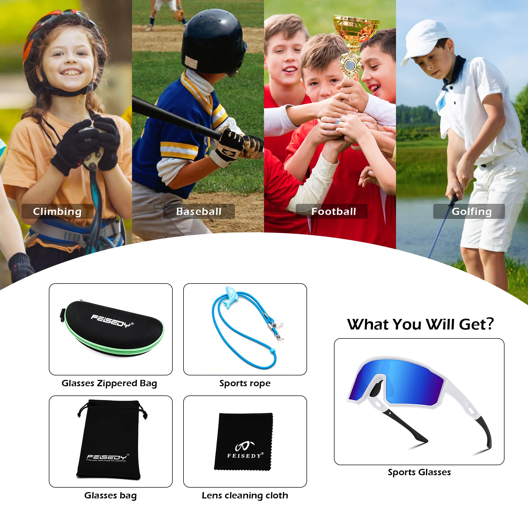 FEISEDY Kids Sunglasses for Boys & Girls - UV400 Protection Baseball Sports Sunglasses for Youth Cycling, Softball, Running - Perfect for Outdoor Activities, Beach, and Summer Play B9157