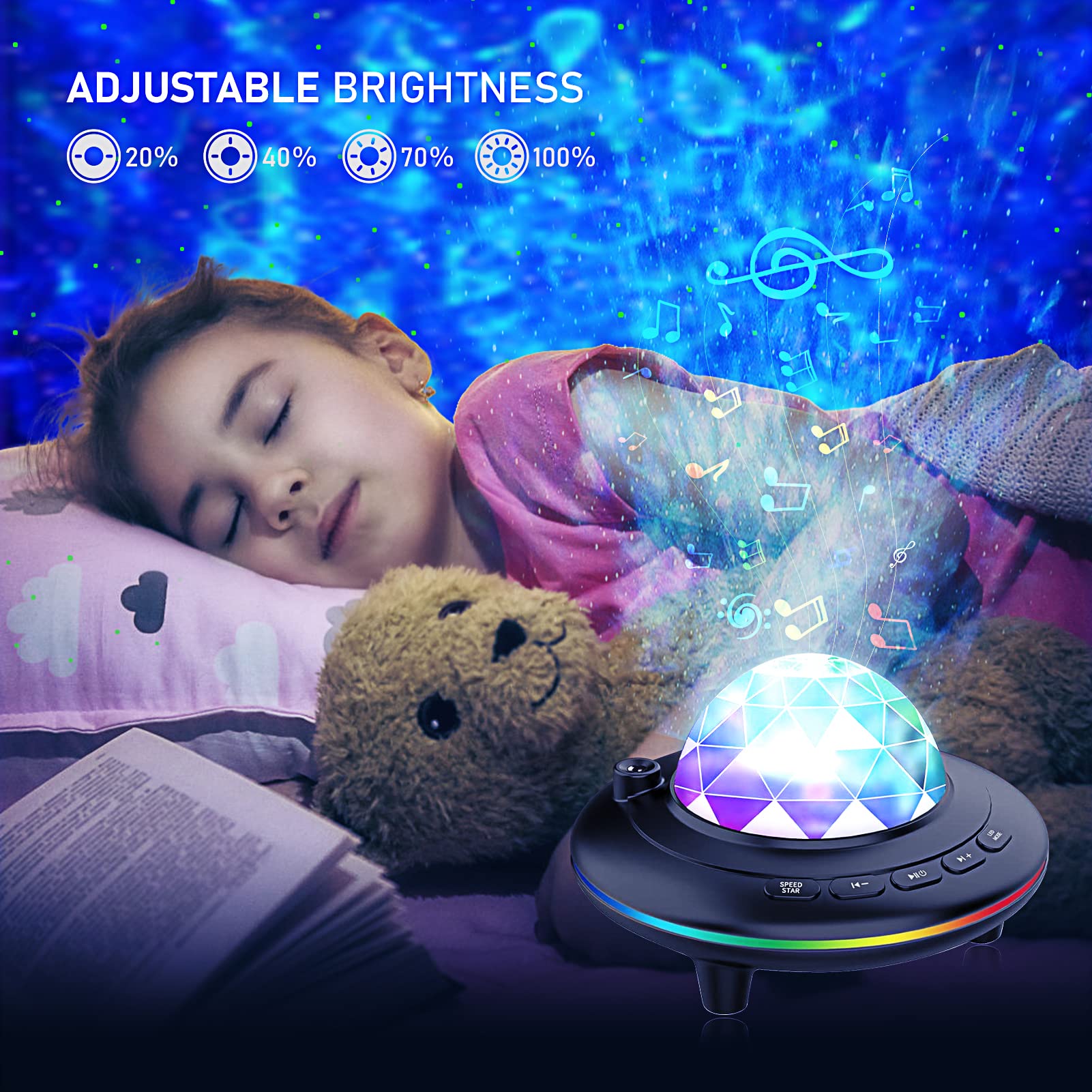 Galaxy Projector Star Night Light with Ocean Wave Effect, Bluetooth Music, Remote Control & Timer - Color Changing LED Lamp for Kids & Adults Bedroom, Party, Birthday, Relaxation & Meditation