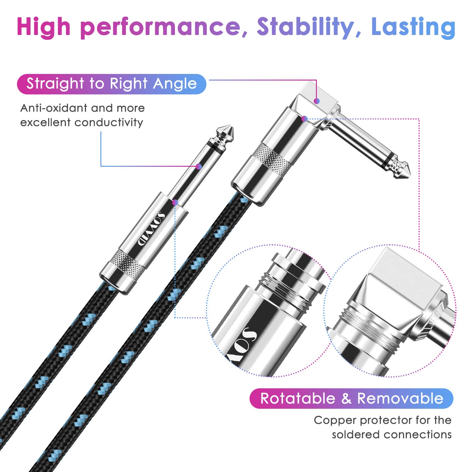 Premium 10FT Guitar Cable 2-Pack - 1/4 Inch Right Angle Instrument Cable for Electric Guitar, Bass, Keyboard & AMP - Durable Black & Blue Cords - Perfect for Live Performances, Studio Recording & Home Practice