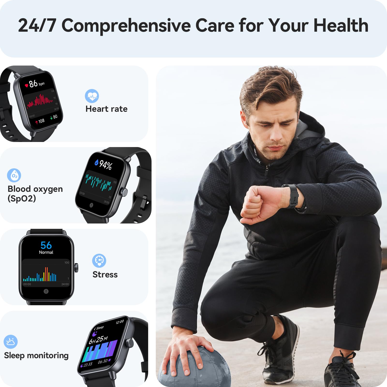 Gydom Smart Watch for Women & Men - Fitness Tracker with Heart Rate Monitor, Sleep Tracking, Waterproof Activity Watch Compatible with Android & iPhone - Perfect for Running, Swimming & Daily Use (Black + White)