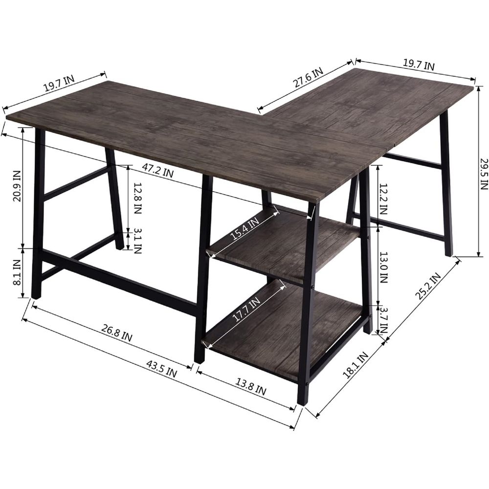 Branax L-Shaped Office Desk with Shelf - Brown Solid Wood & Sturdy Metal Frame - Perfect for Home Office, Study Room or Small Workspace