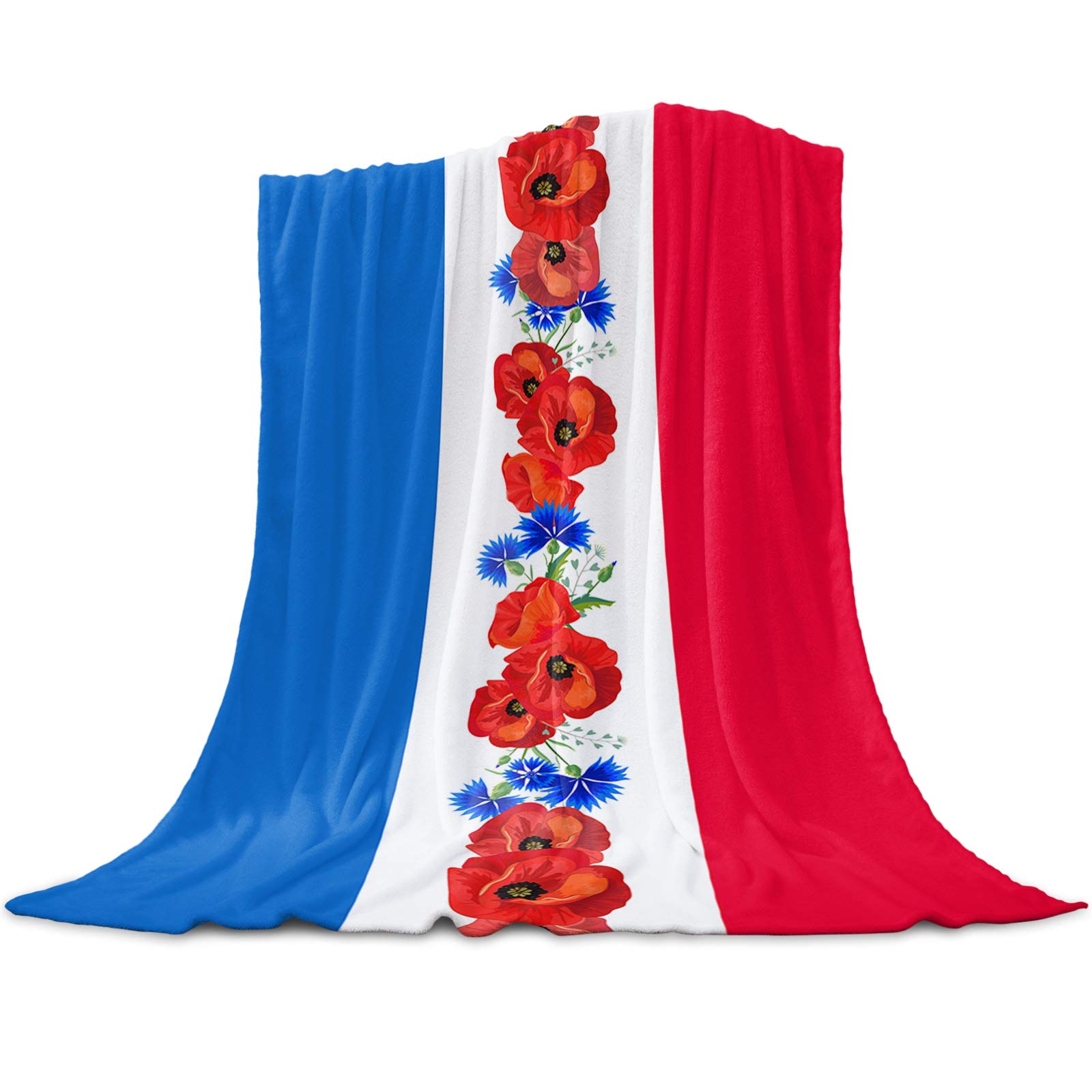 Premium Sailground Flannel Fleece Throw Blanket - Patriotic Independence Day Poppies & Blue Cornflowers Design with Red Blue Stripes | Ultra Soft Microfiber Fabric | Lightweight & Cozy for Baby, Travel, Couch, Bed & Sofa | Perfect for Home Decor, Camping & Gift Giving
