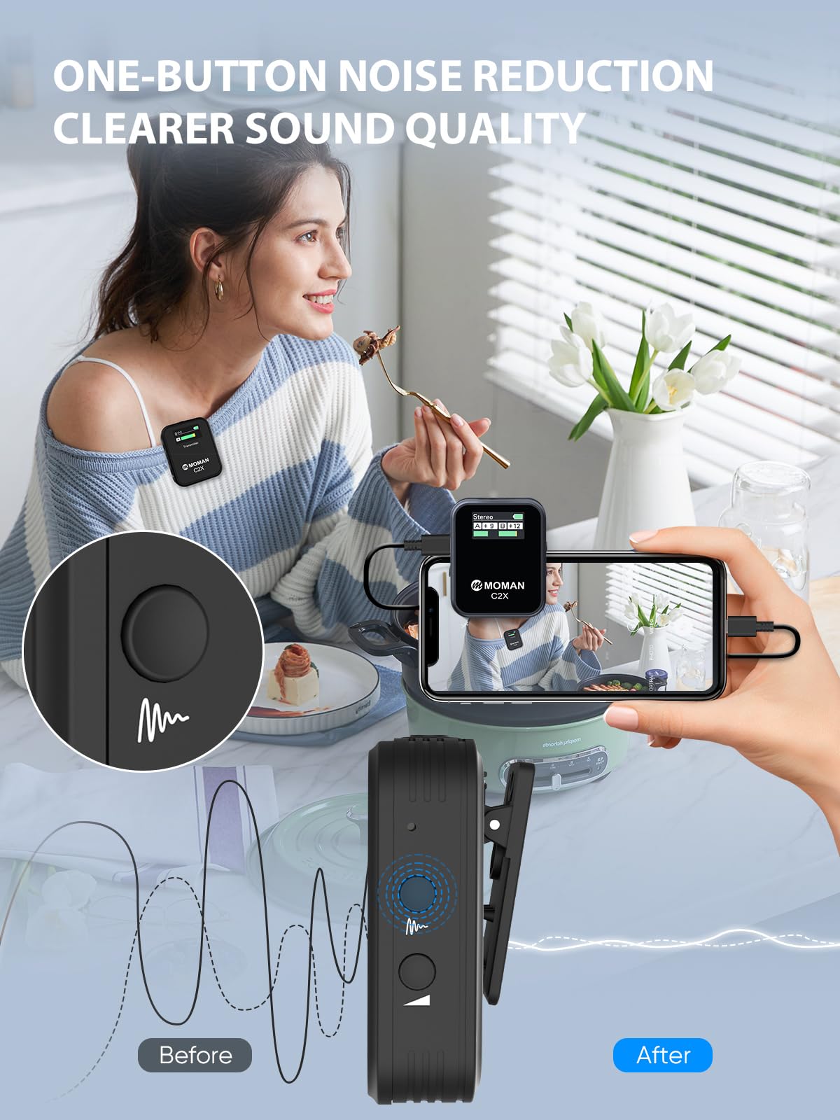 Professional Wireless Lavalier Microphone with TFT Screen - Moman C2X Clip-on Mic for DSLR, Camera, Smartphone, PC & Tablet (100m Range) - Perfect for Vlogging, Interviews, Live Streaming & Online Meetings