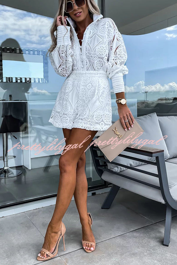 Radiant Blessings Eyelet Crochet Lace Blouse & Shorts Set - Women's Summer Boho Outfit for Beach, Vacation & Casual Wear