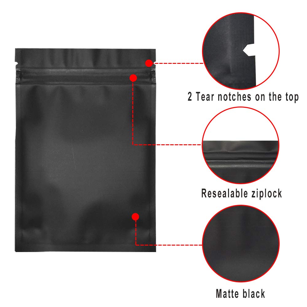 200 Pack 4x6 Inch Mylar Bags - Resealable Smell Proof Foil Pouch for Food Storage, Coffee, Tea, Herbs & Spices | Airtight Flat Matte Black Bags for Vacuum Sealing & Long Term Preservation