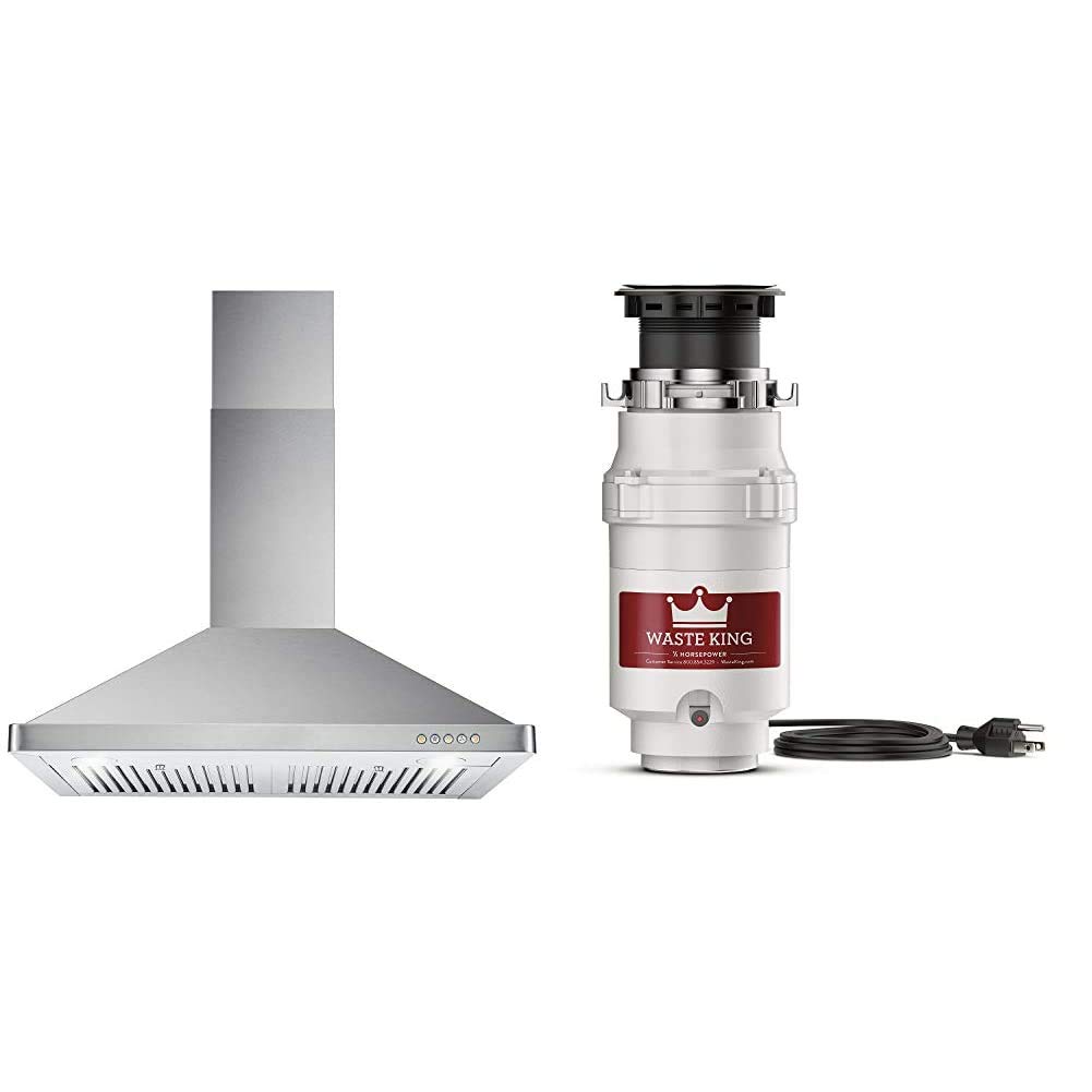 Cosmo 63175 30-Inch Wall Mount Range Hood - 3-Speed Fan, LED Lights, Permanent Filters, 600 CFM Ducted Ventilation for Kitchen | Waste King L-1001 1/2 HP Garbage Disposal with Power Cord - Perfect for Modern Kitchens & Heavy-Duty Food Waste Disposal