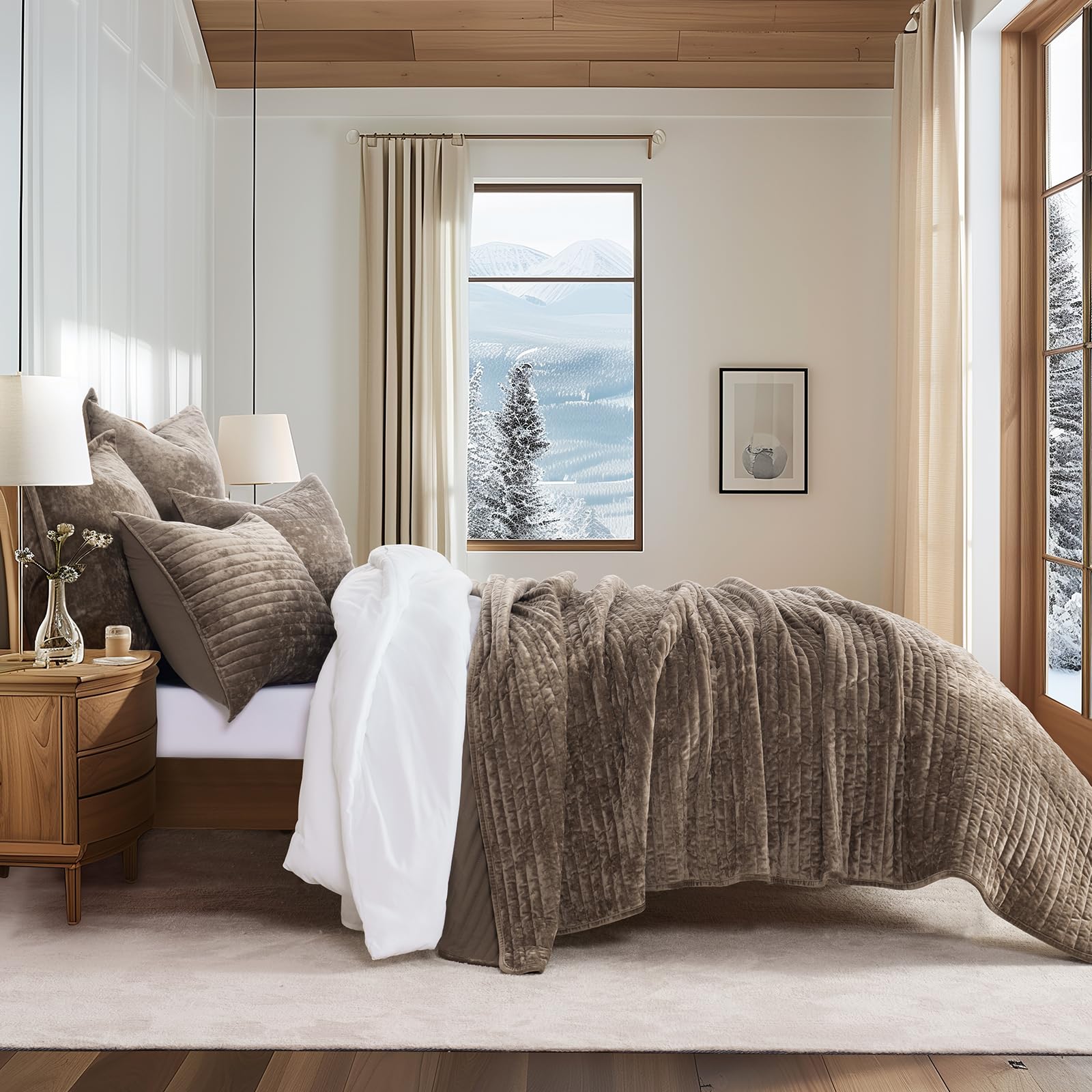 Luxurious Velvet Quilt Set King Size - Soft Striped Channel Bedding with Lightweight Comforter for All Seasons | Oversized Bedspread Coverlet & 2 Matching Shams in Mocha Brown | Perfect for Master Bedroom, Guest Room & Cozy Winter Nights